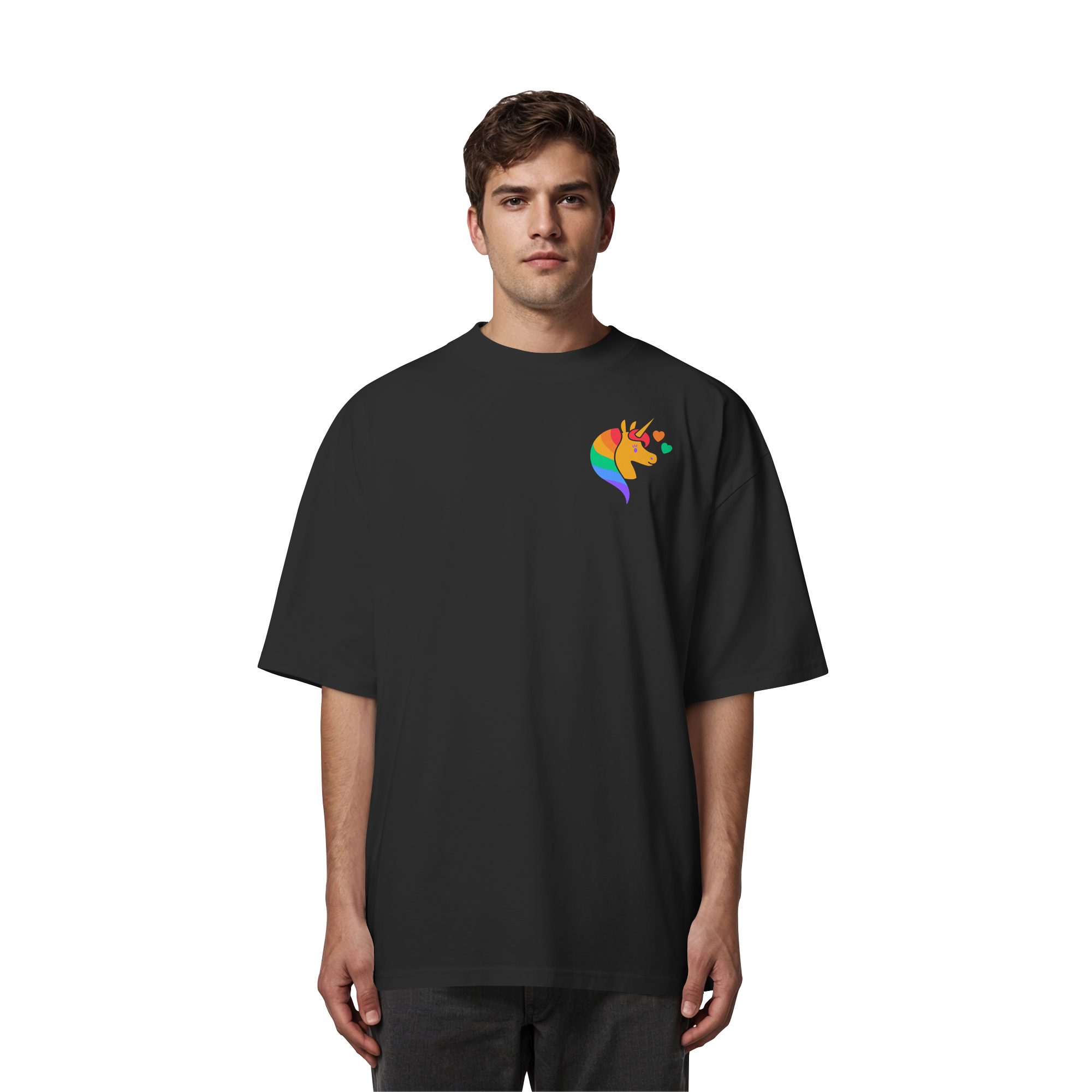 Regenbogen Einhorn mit Herzen - Organic Oversize Shirt