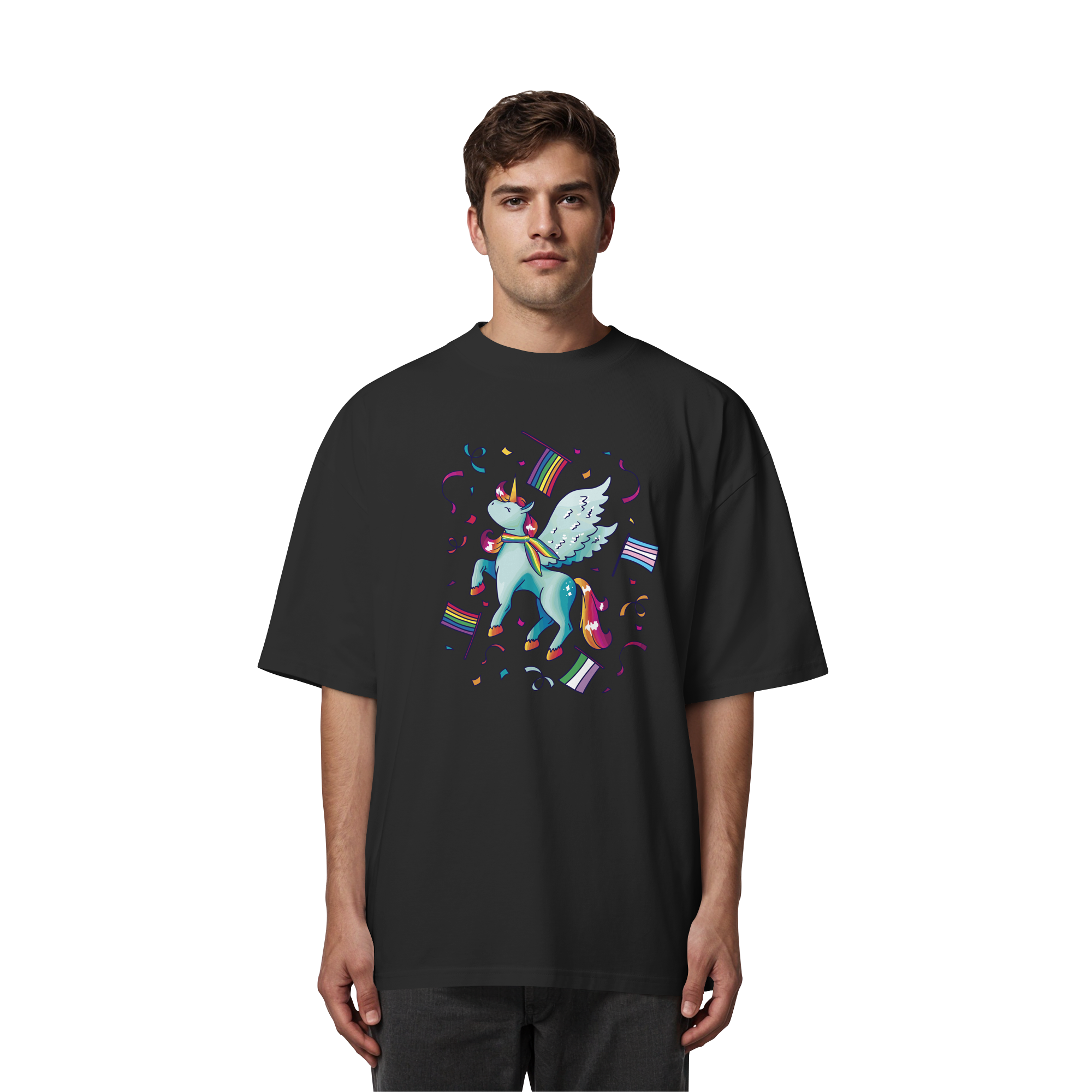Regenbogen Einhorn mit Flaggen - Organic Oversize Shirt