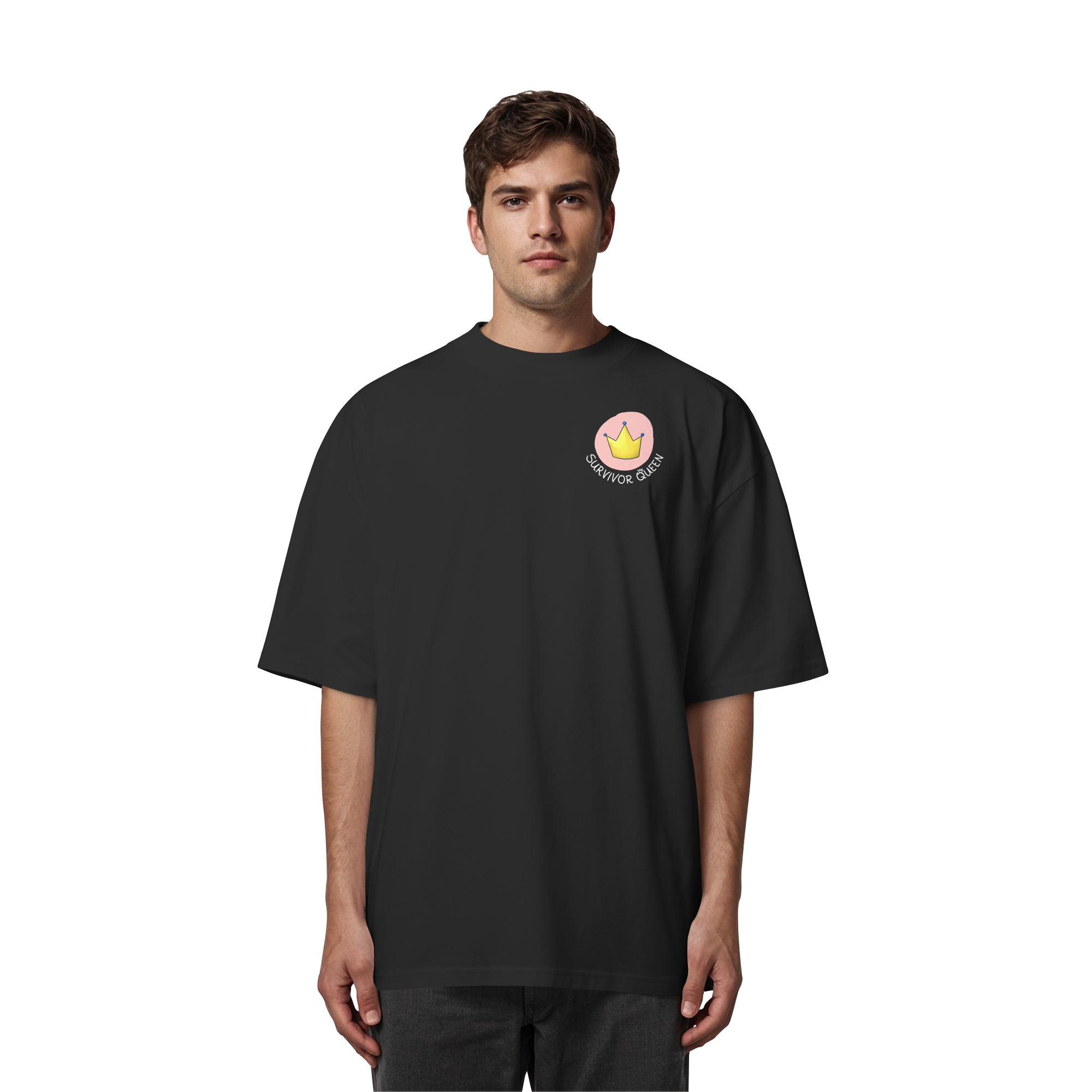 Survivor Queens Logo mit "Mein Körper gehört mir" Backprint (dunkel) - Organic Oversize Shirt