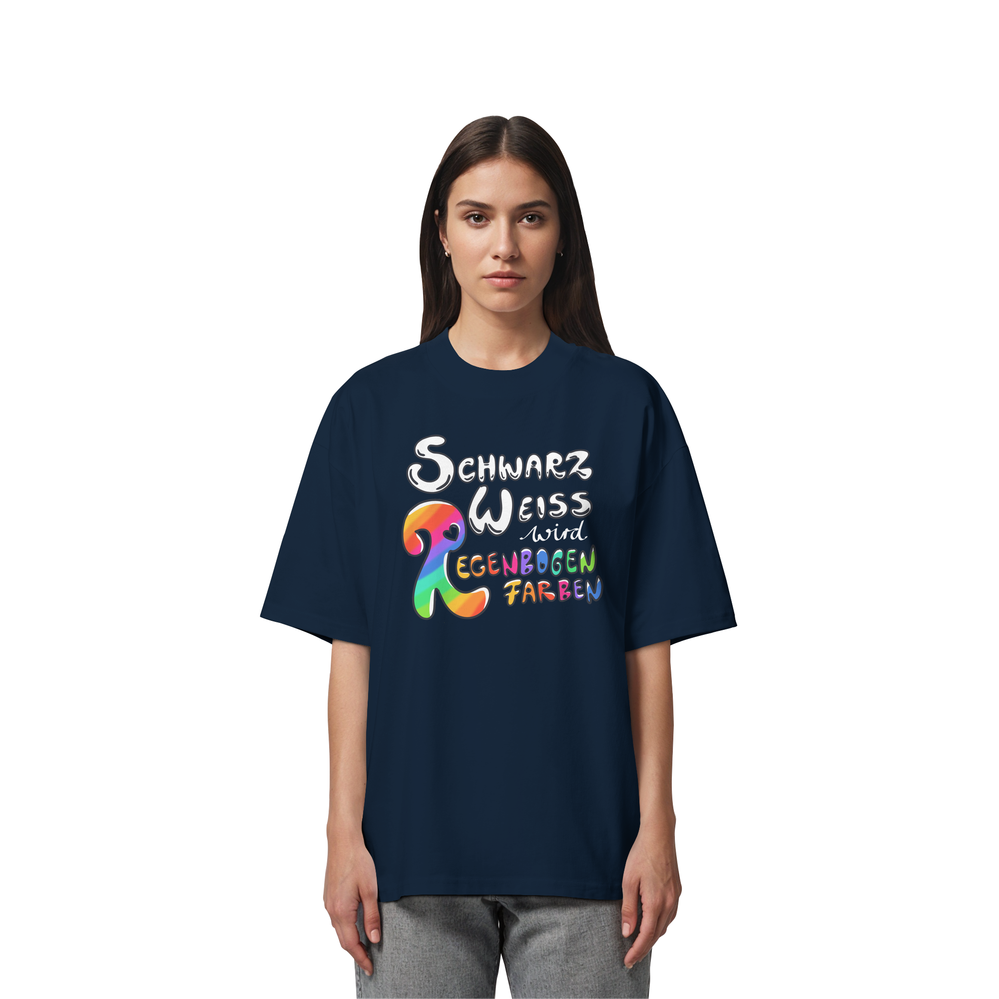 Schwarz Weiß wird Regenbogen Farben Frontprint (dunkel) - Organic Oversize Shirt