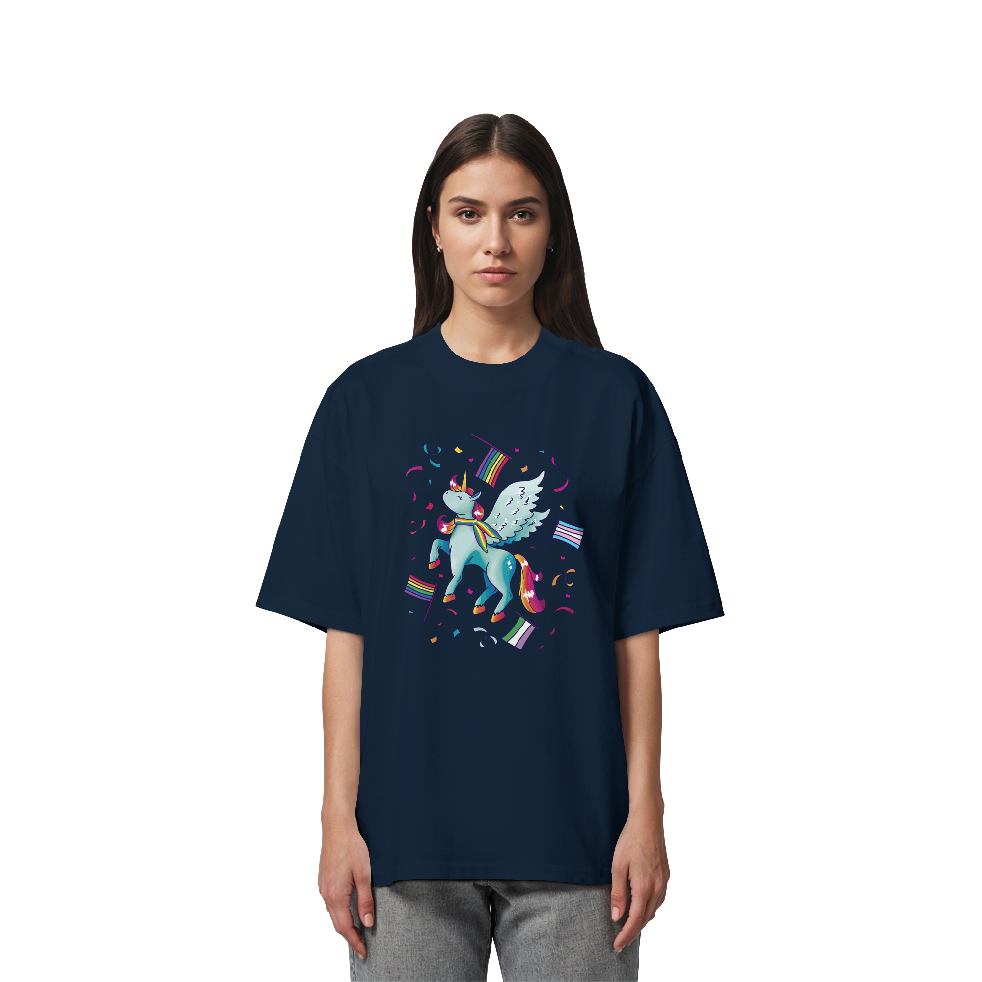 Regenbogen Einhorn mit Flaggen - Organic Oversize Shirt