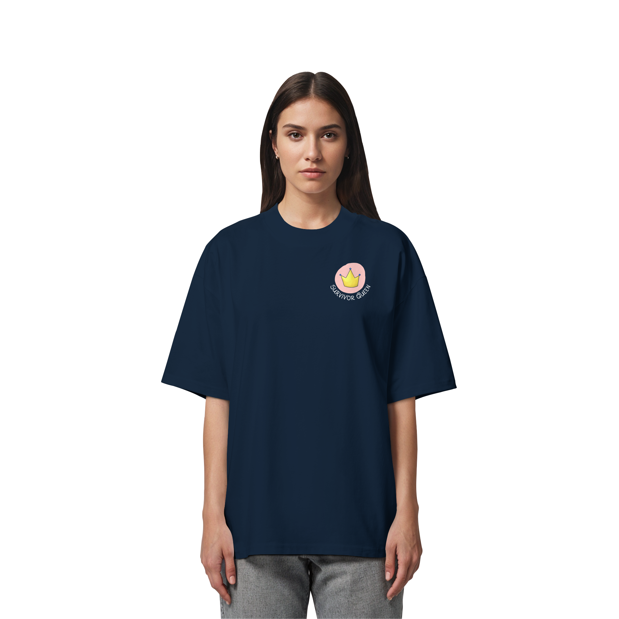 Survivor Queens Logo mit "Mein Körper gehört mir" Backprint (dunkel) - Organic Oversize Shirt
