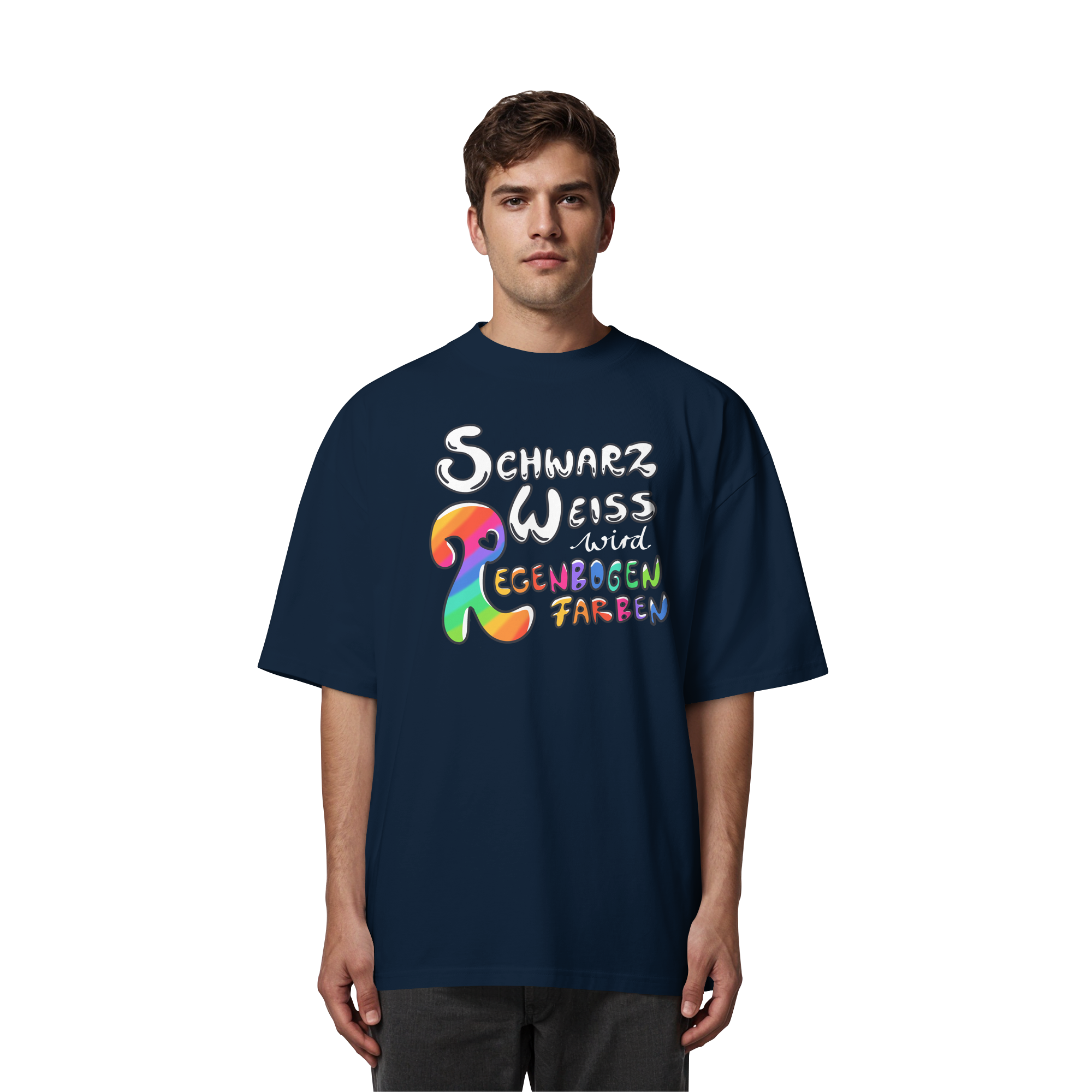 Schwarz Weiß wird Regenbogen Farben Frontprint (dunkel) - Organic Oversize Shirt