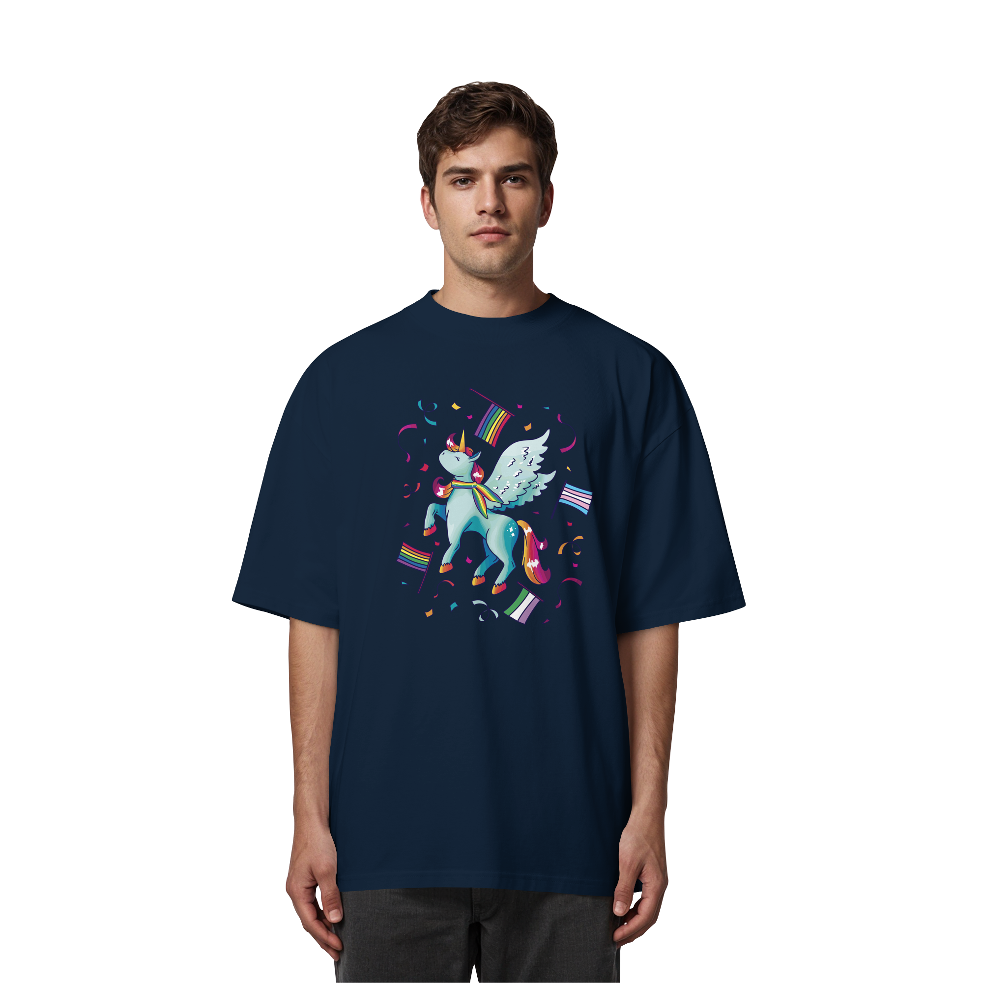 Regenbogen Einhorn mit Flaggen - Organic Oversize Shirt