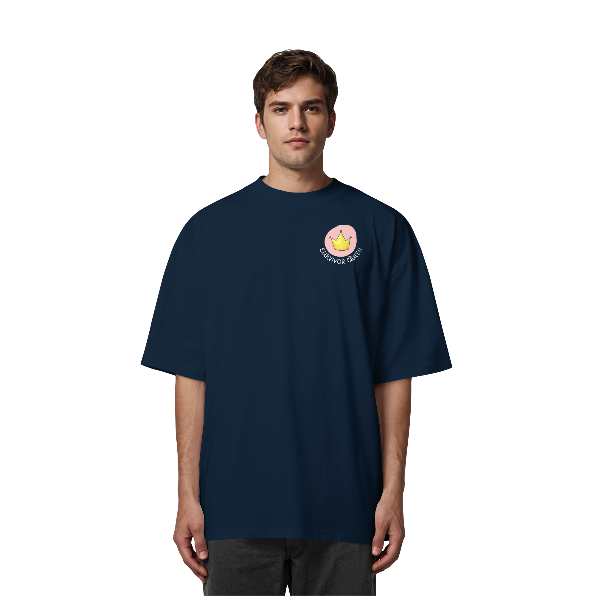Survivor Queens Logo mit "Mein Körper gehört mir" Backprint (dunkel) - Organic Oversize Shirt