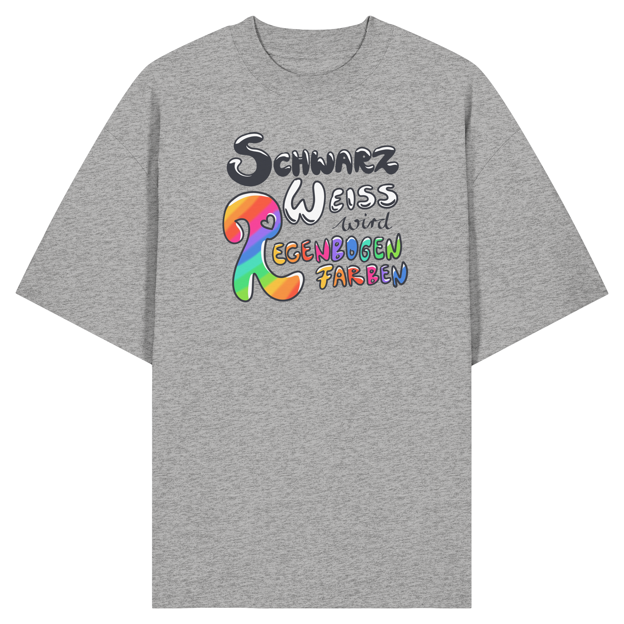 Schwarz Weiß wird Regenbogen Farben Frontprint (hell) - Organic Oversize Shirt