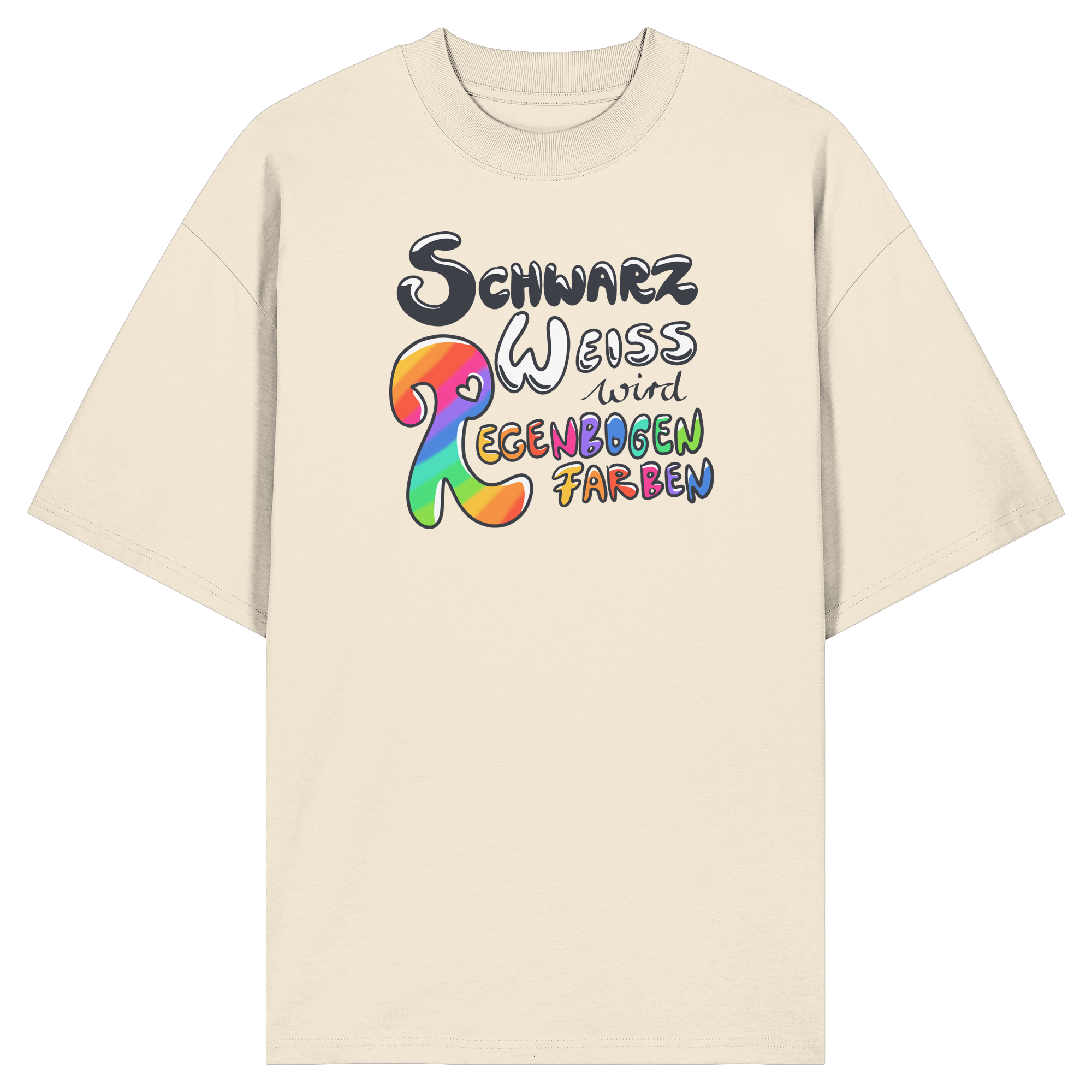 Schwarz Weiß wird Regenbogen Farben Frontprint (hell) - Organic Oversize Shirt