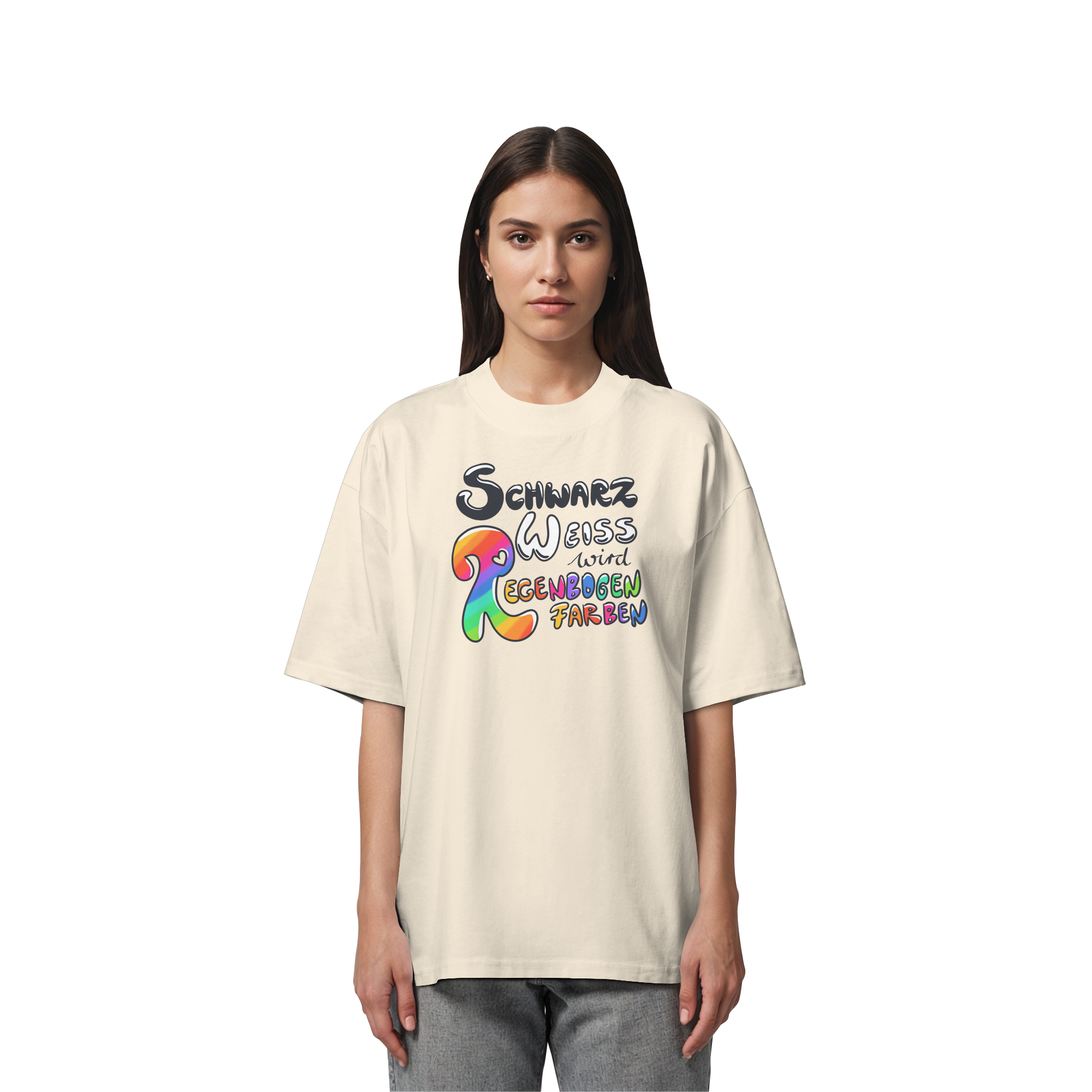 Schwarz Weiß wird Regenbogen Farben Frontprint (hell) - Organic Oversize Shirt