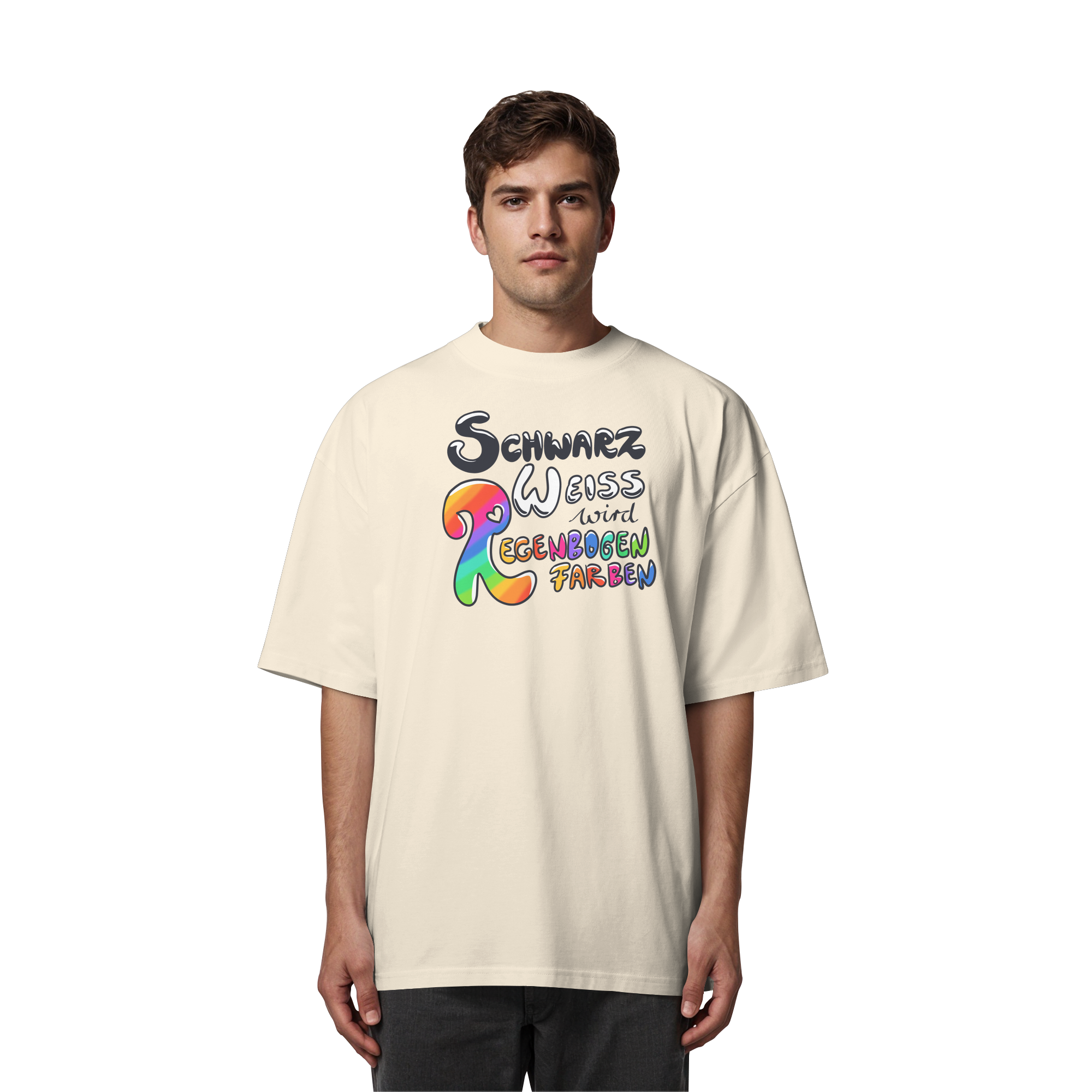 Schwarz Weiß wird Regenbogen Farben Frontprint (hell) - Organic Oversize Shirt
