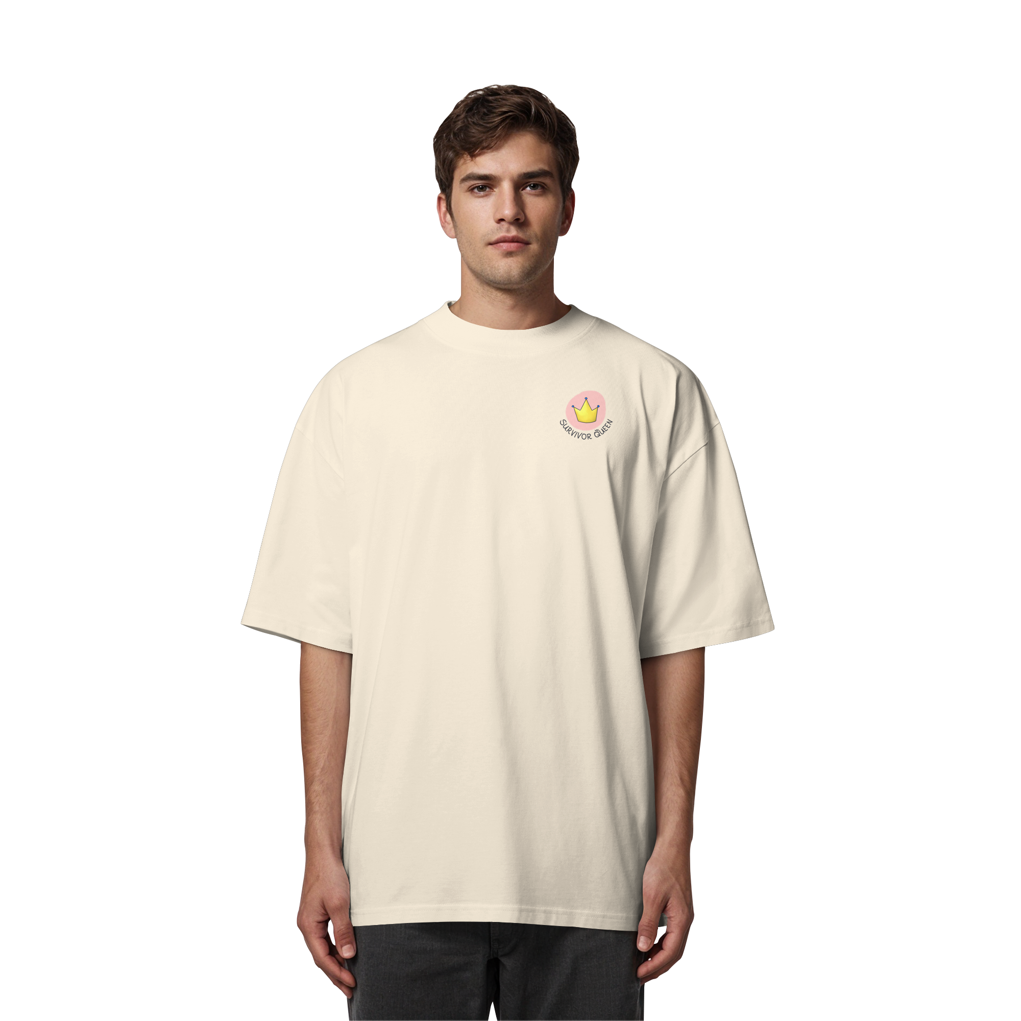 Survivor Queens Logo "Schriftzug Edition" mit Seelenmännchen "Selbstverteidigung Edition" Backprint (hell) - Organic Oversize Shirt