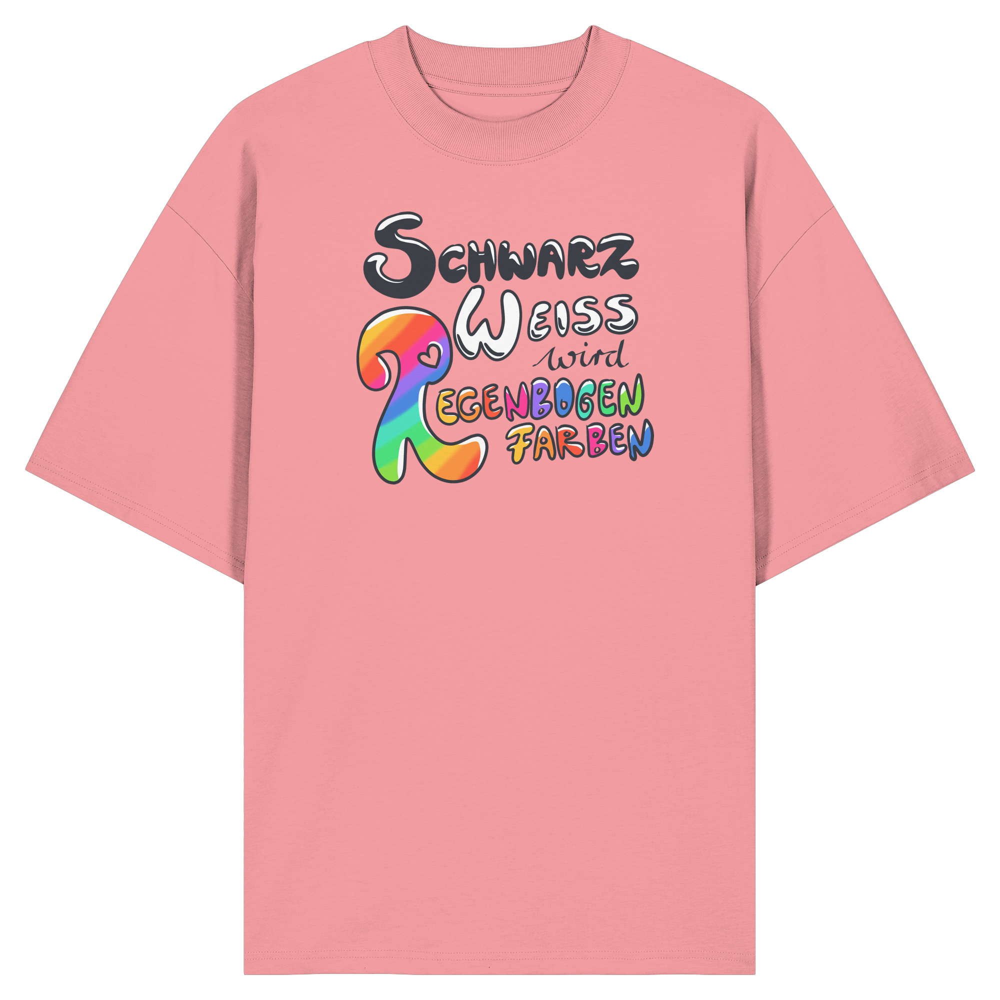 Schwarz Weiß wird Regenbogen Farben Frontprint (hell) - Organic Oversize Shirt