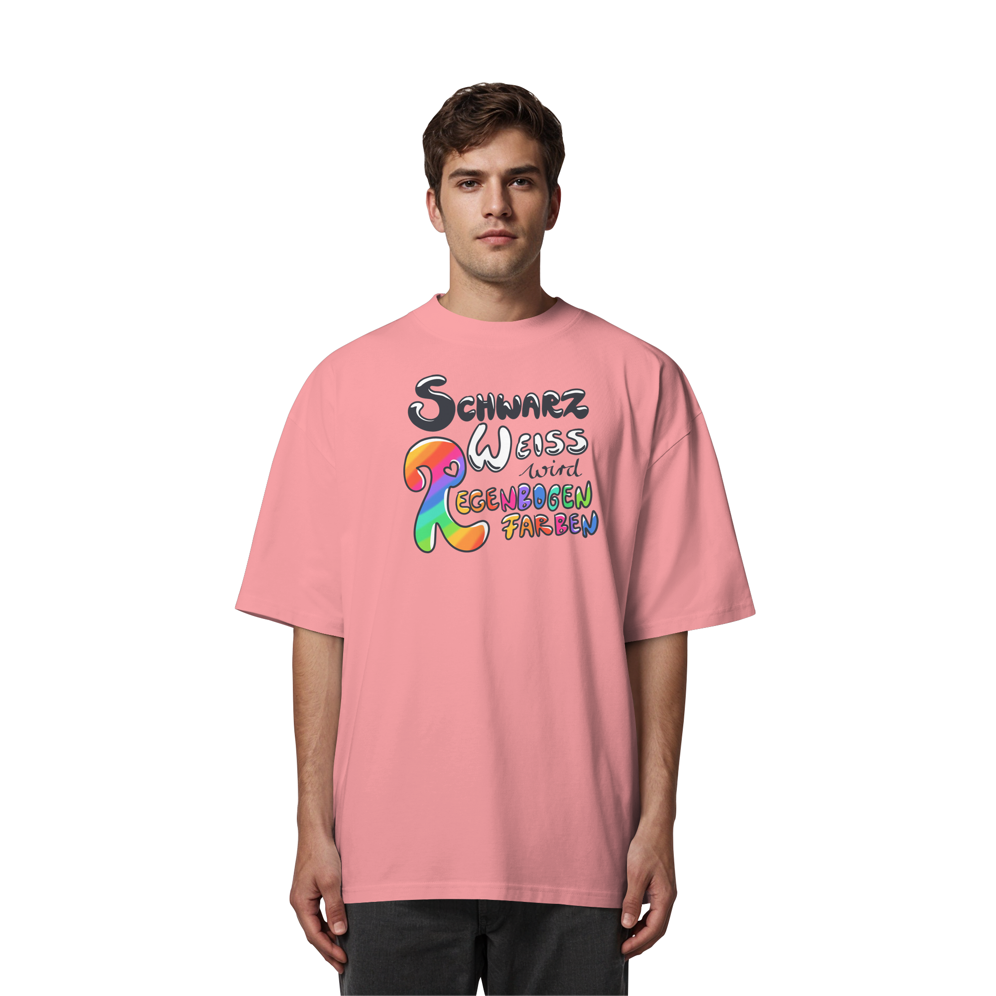 Schwarz Weiß wird Regenbogen Farben Frontprint (hell) - Organic Oversize Shirt