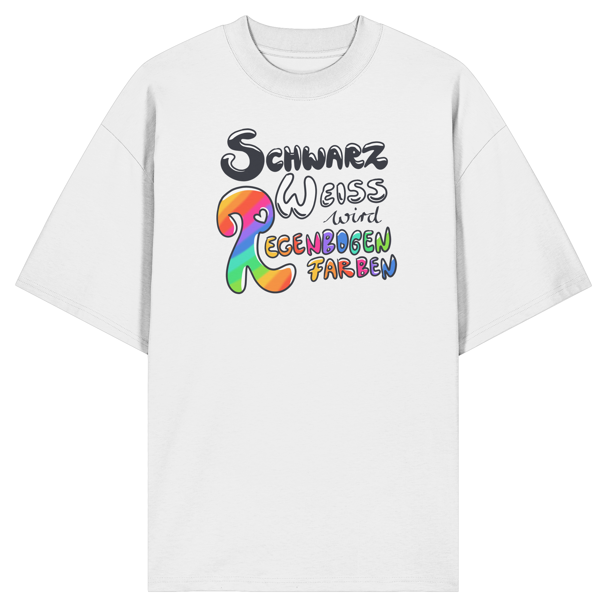 Schwarz Weiß wird Regenbogen Farben Frontprint (hell) - Organic Oversize Shirt