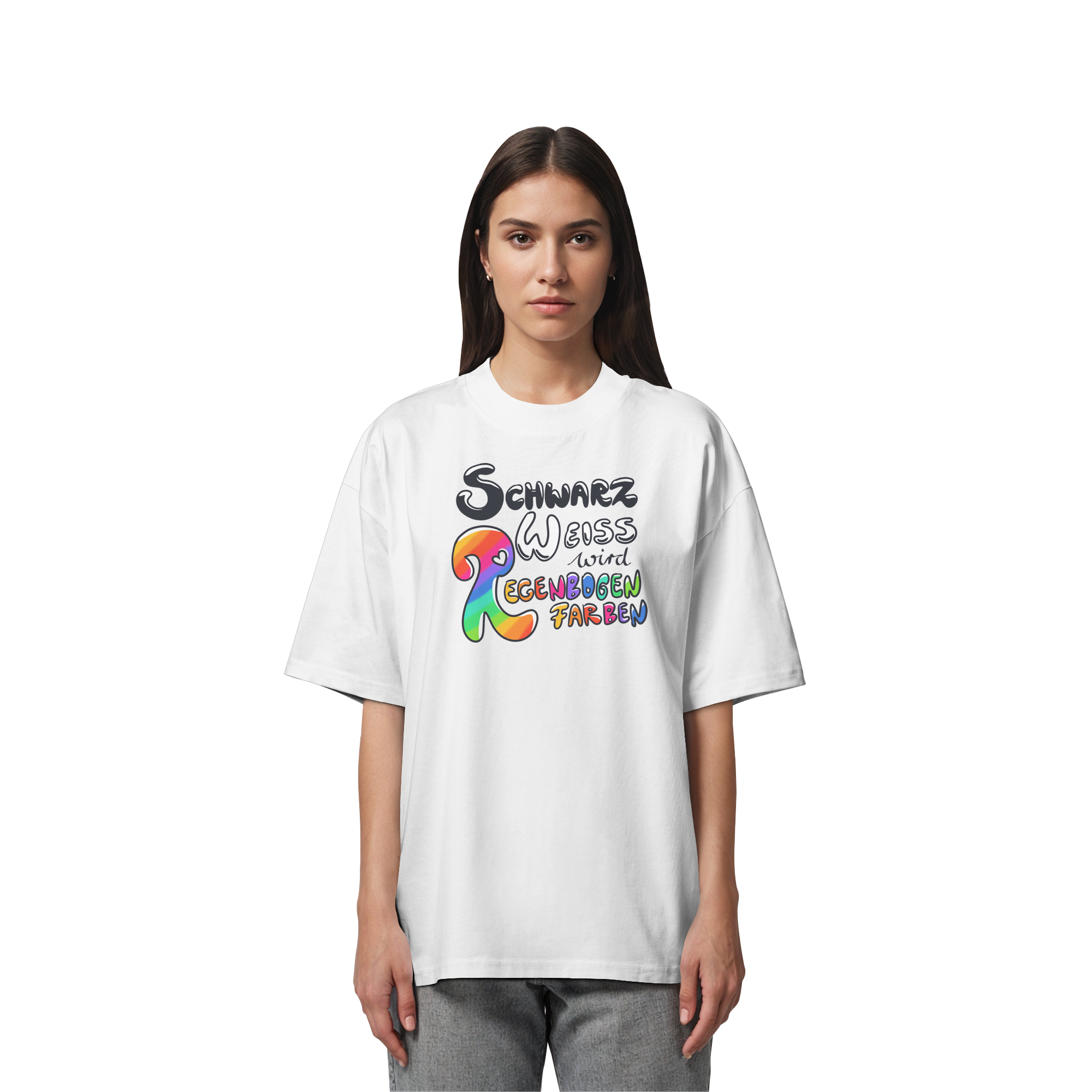 Schwarz Weiß wird Regenbogen Farben Frontprint (hell) - Organic Oversize Shirt