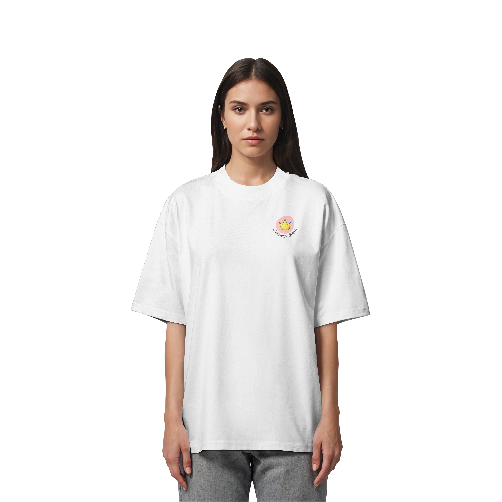 Survivor Queens Logo "Schriftzug Edition" mit Seelenmännchen "Selbstverteidigung Edition" Backprint (hell) - Organic Oversize Shirt