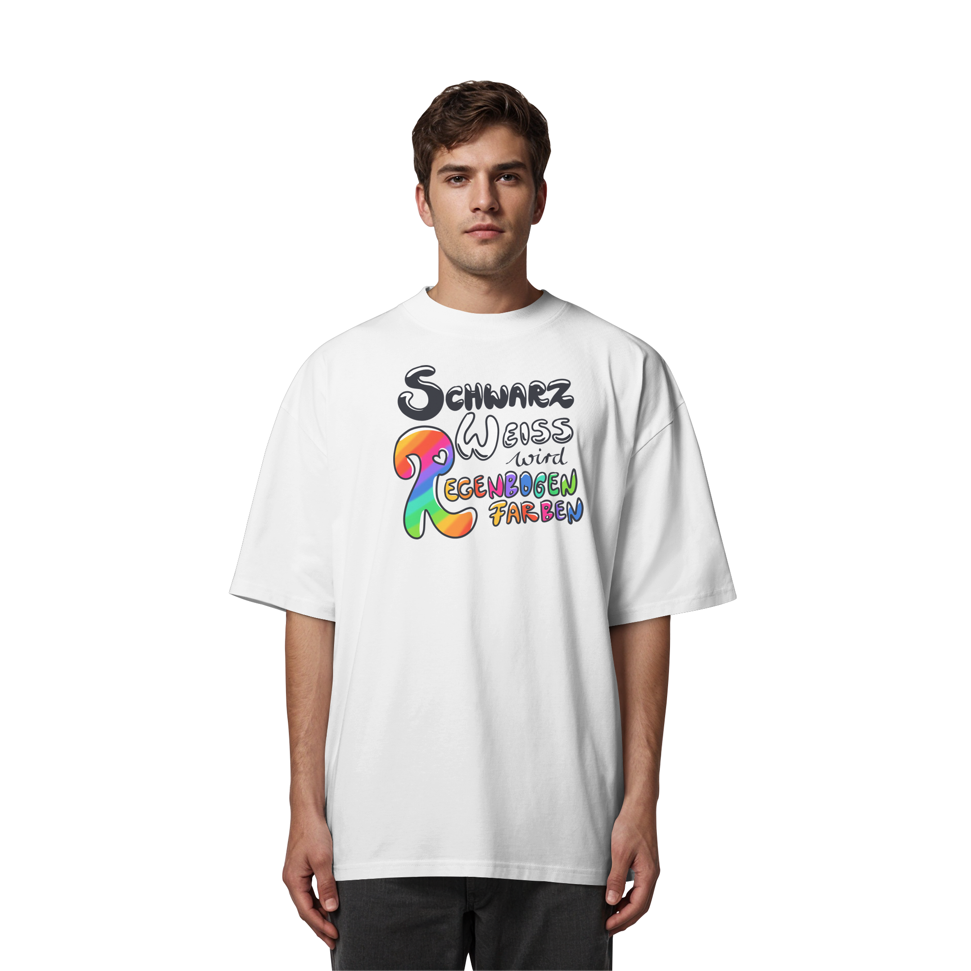 Schwarz Weiß wird Regenbogen Farben Frontprint (hell) - Organic Oversize Shirt