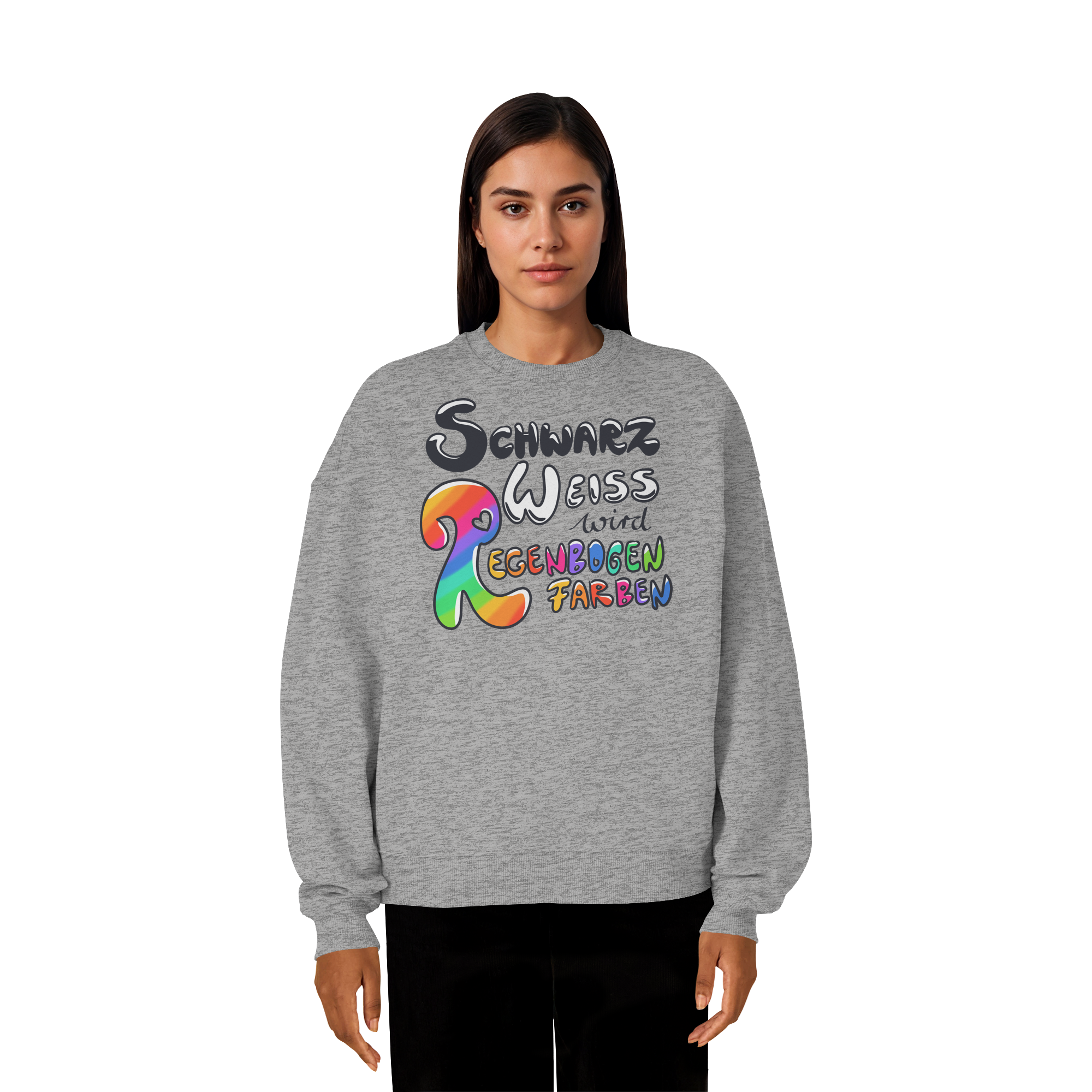 Schwarz Weiß wird Regenbogen Farben Frontprint (hell) - Organic Oversize Sweatshirt