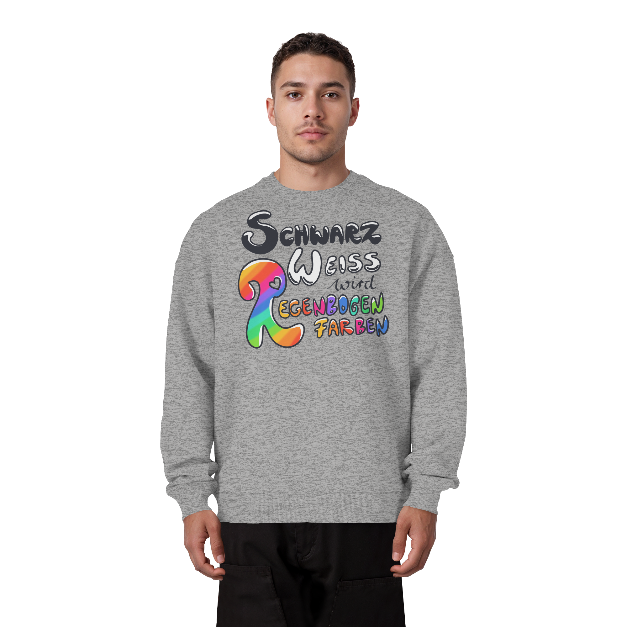 Schwarz Weiß wird Regenbogen Farben Frontprint (hell) - Organic Oversize Sweatshirt