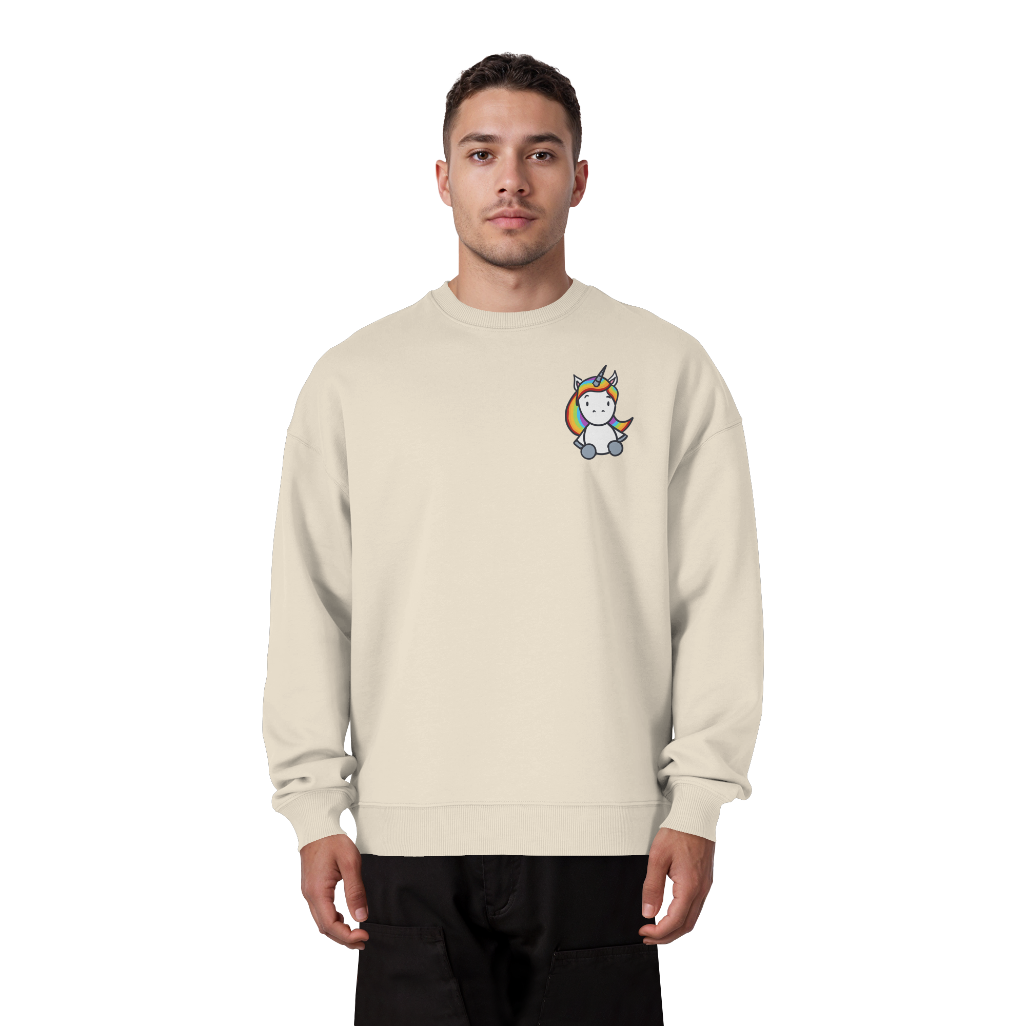 Schwarz Weiß wird Regenbogen Farben Backprint (hell) - Organic Oversize Sweatshirt