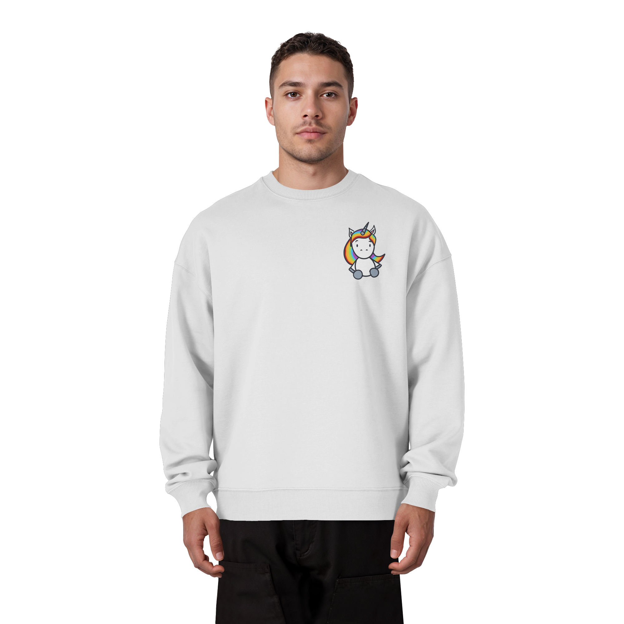 Schwarz Weiß wird Regenbogen Farben Backprint (hell) - Organic Oversize Sweatshirt