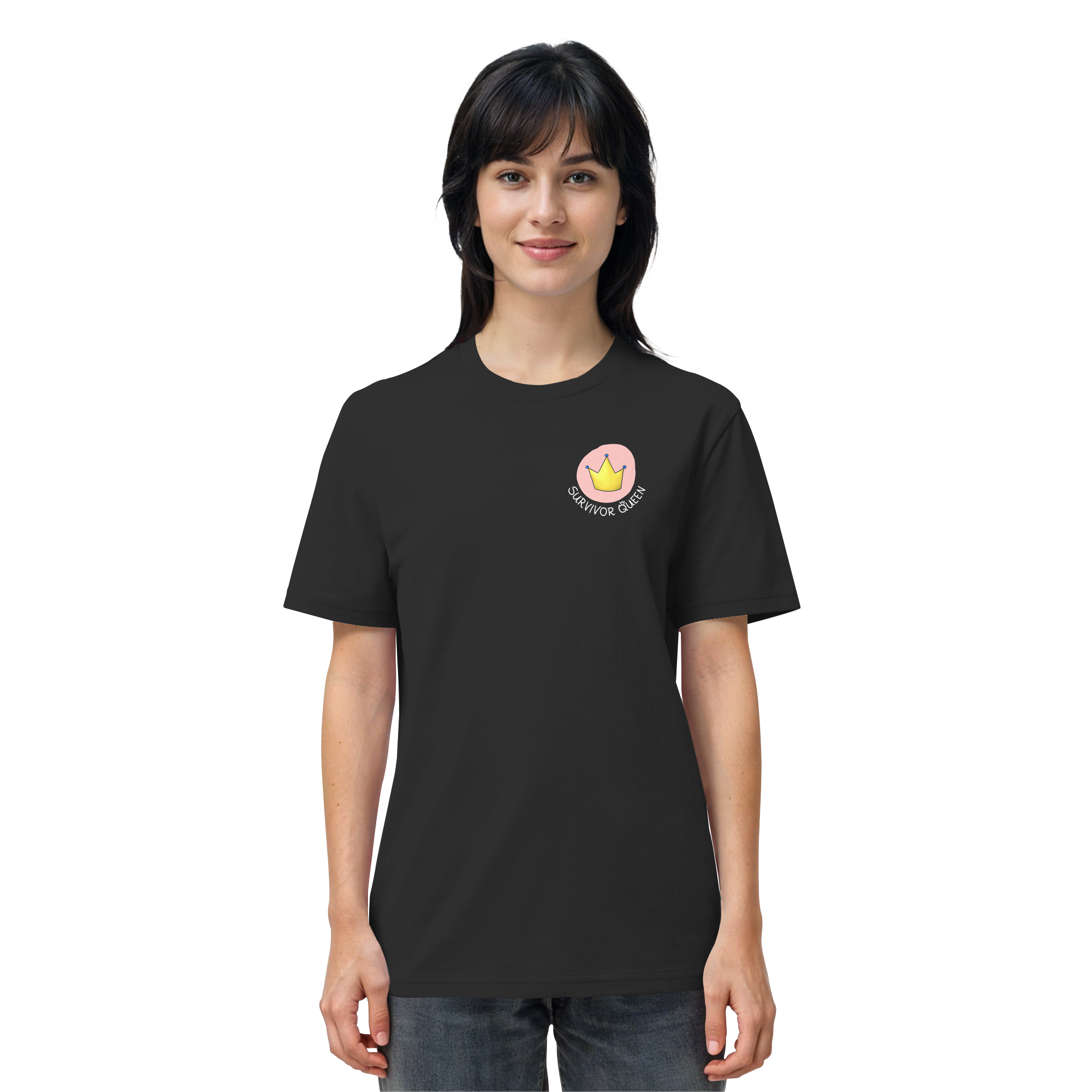 Survivor Queens Logo mit "Mein Körper gehört mir" Backprint (dunkel) - Organic Shirt