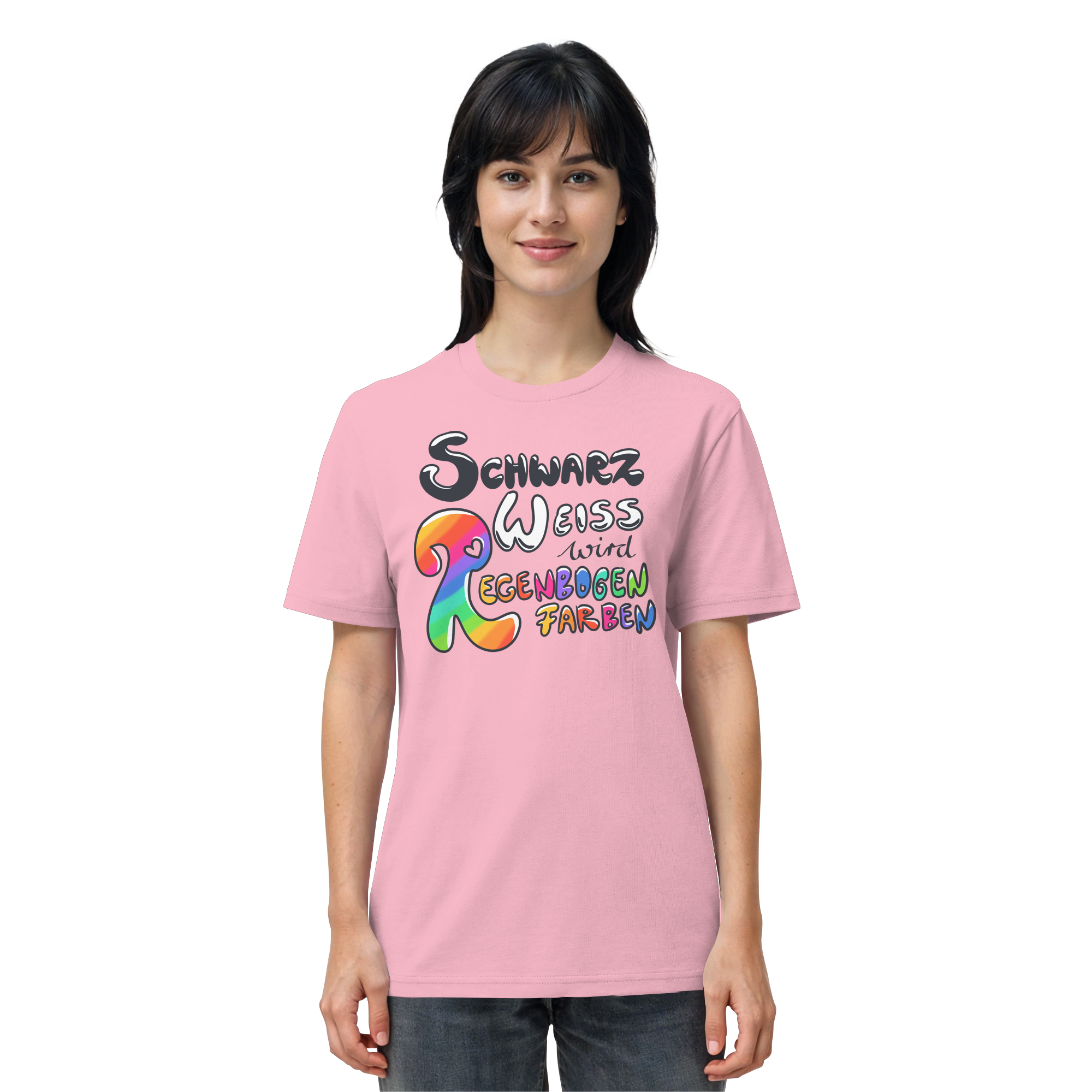 Schwarz Weiß wird Regenbogen Farben Frontprint (hell) - Organic Shirt