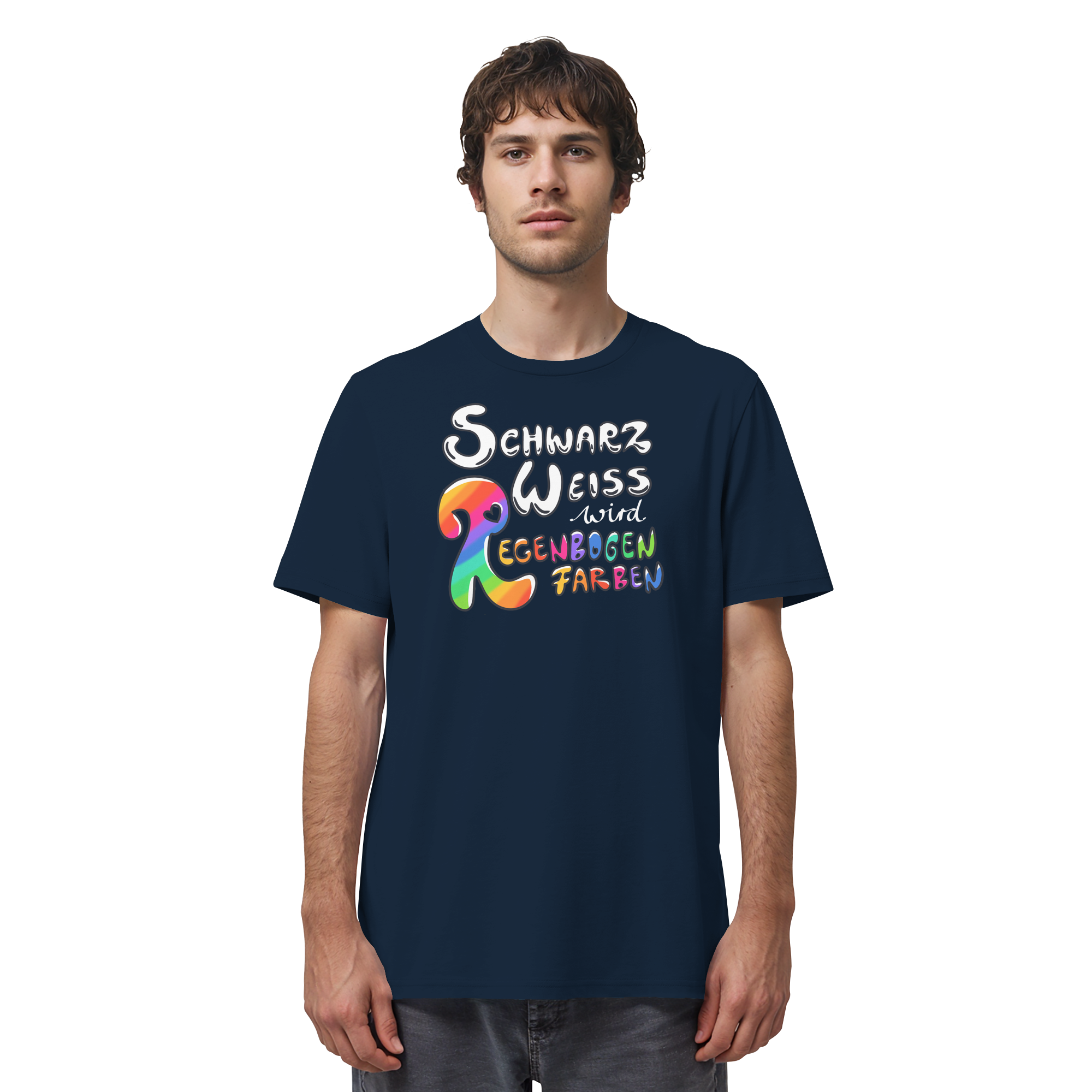 Schwarz Weiß wird Regenbogen Farben Frontprint (dunkel) - Organic Shirt