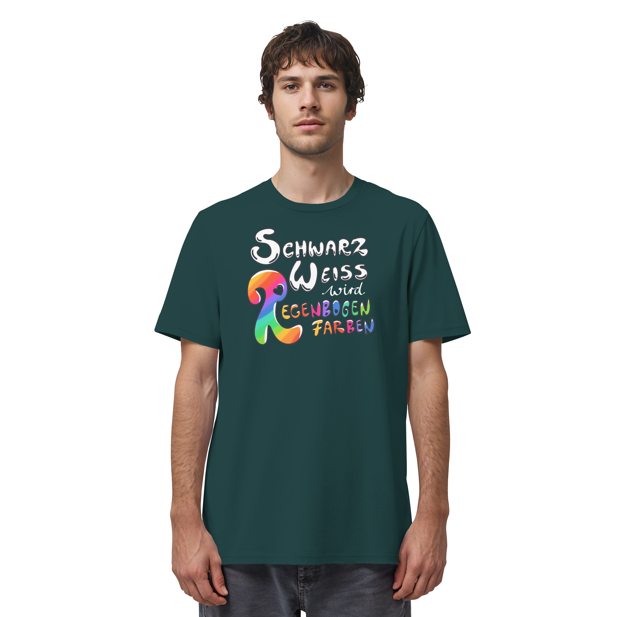 Schwarz Weiß wird Regenbogen Farben Frontprint (dunkel) - Organic Shirt