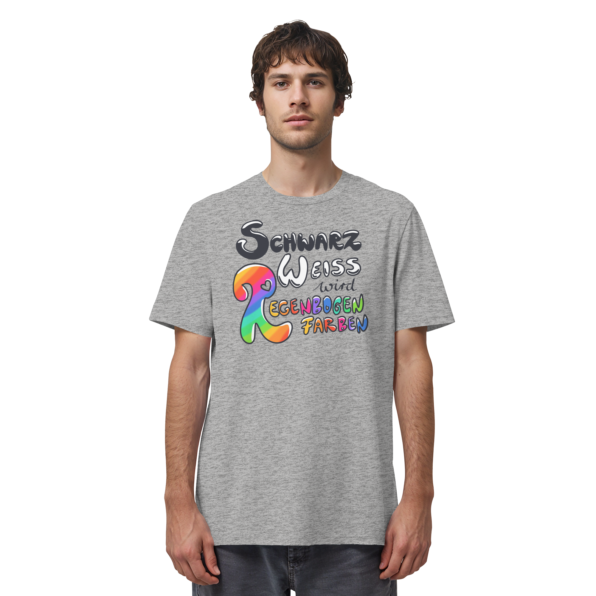 Schwarz Weiß wird Regenbogen Farben Frontprint (hell) - Organic Shirt