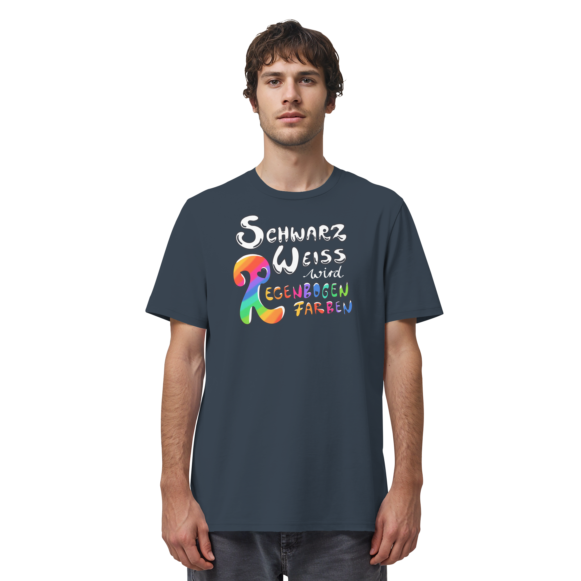 Schwarz Weiß wird Regenbogen Farben Frontprint (dunkel) - Organic Shirt