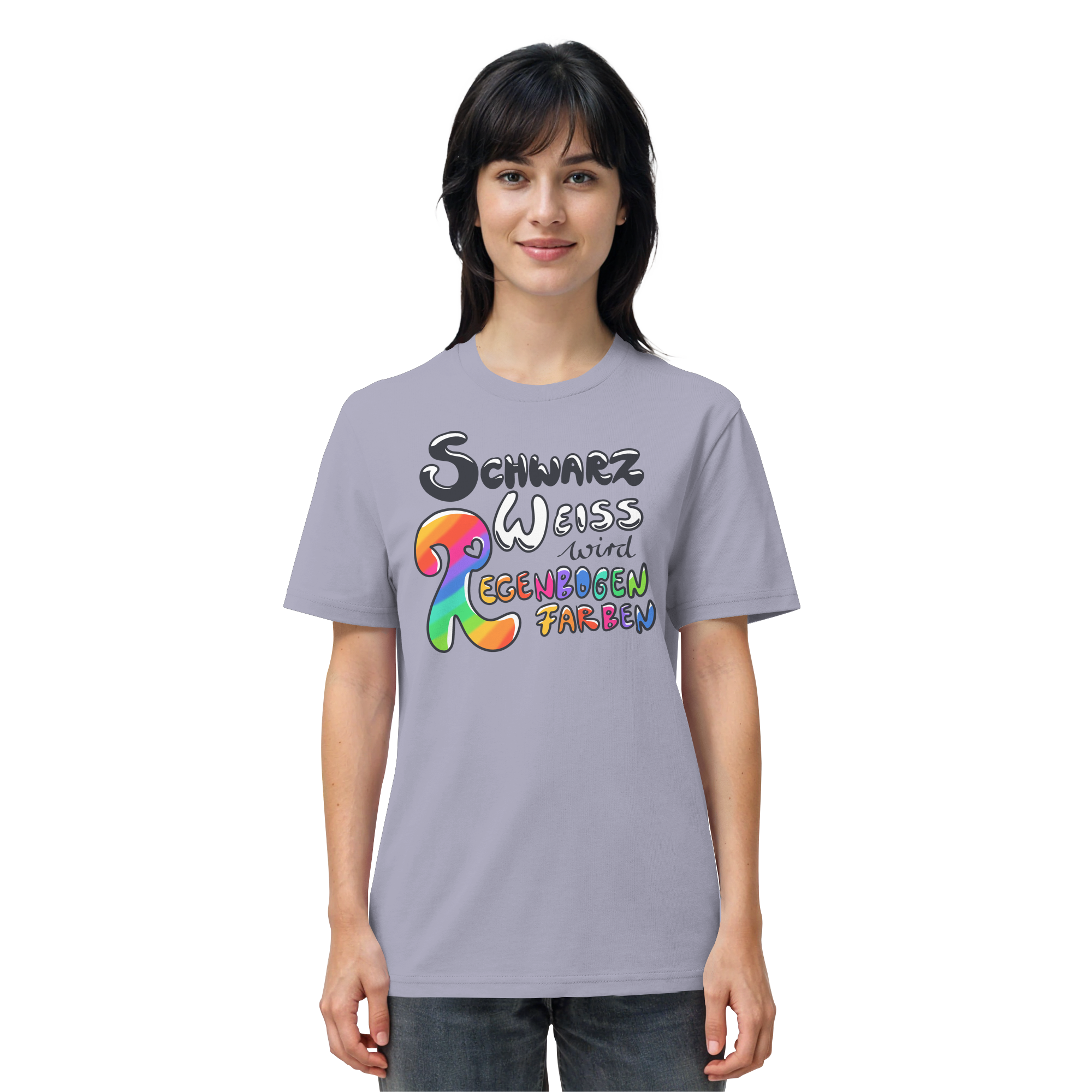 Schwarz Weiß wird Regenbogen Farben Frontprint (hell) - Organic Shirt