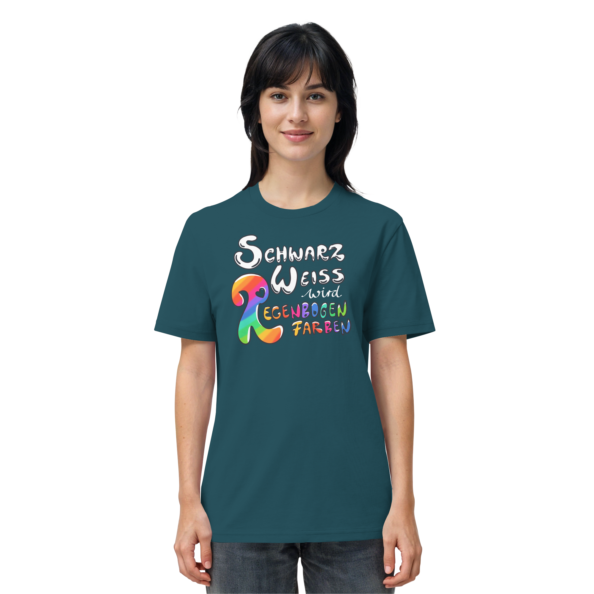 Schwarz Weiß wird Regenbogen Farben Frontprint (dunkel) - Organic Shirt