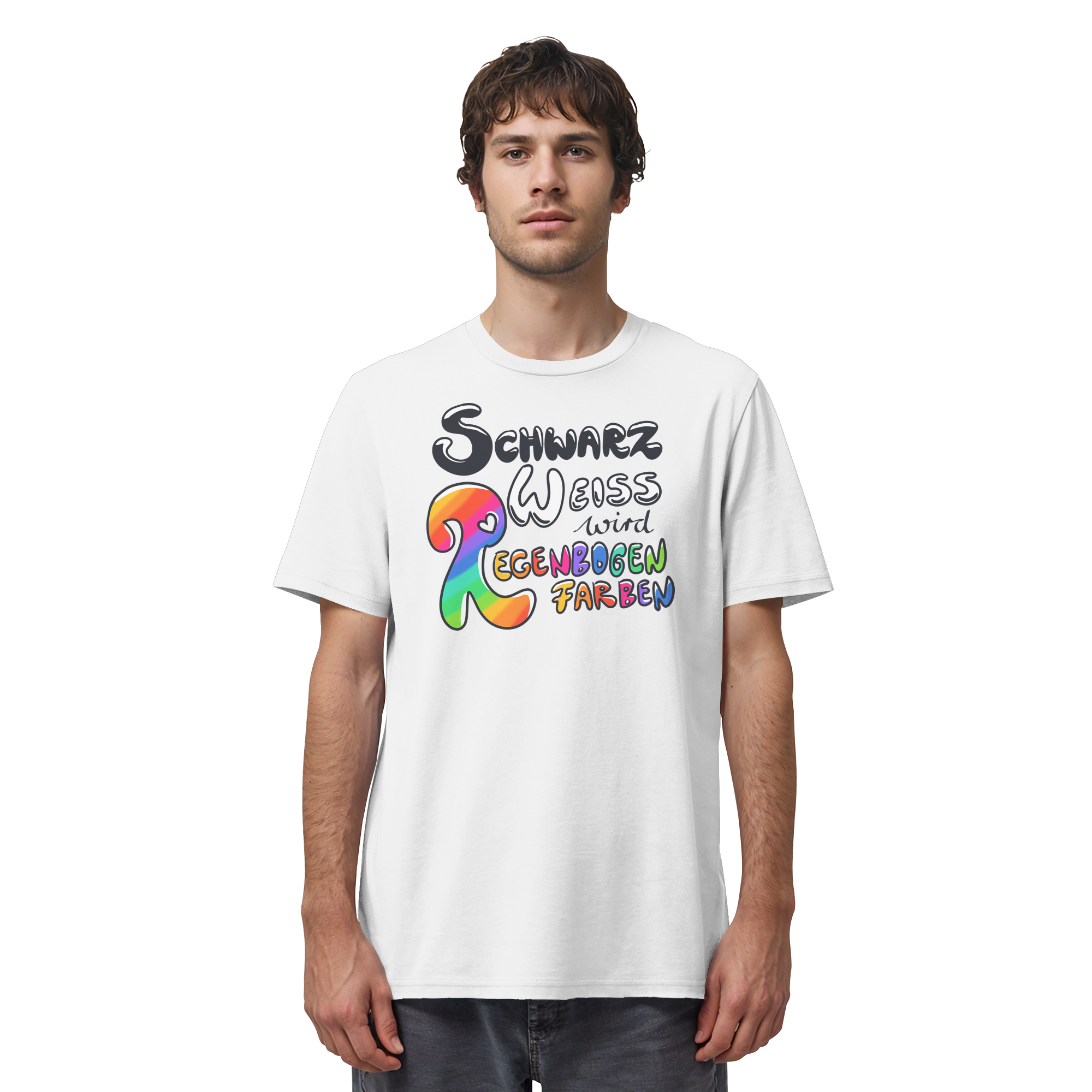Schwarz Weiß wird Regenbogen Farben Frontprint (hell) - Organic Shirt