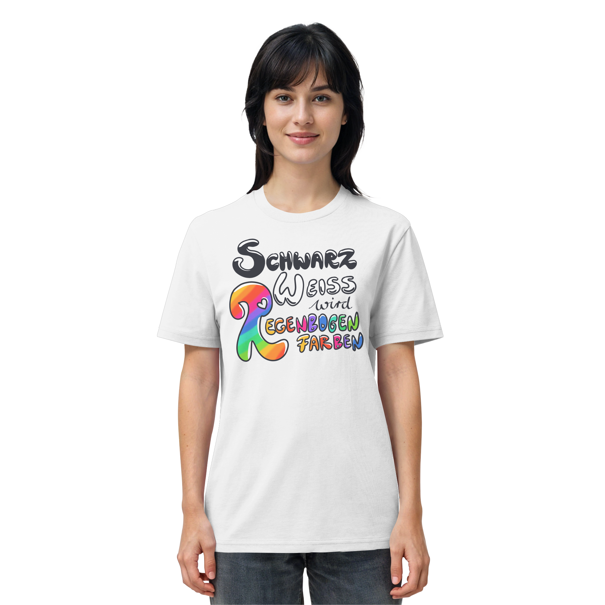 Schwarz Weiß wird Regenbogen Farben Frontprint (hell) - Organic Shirt