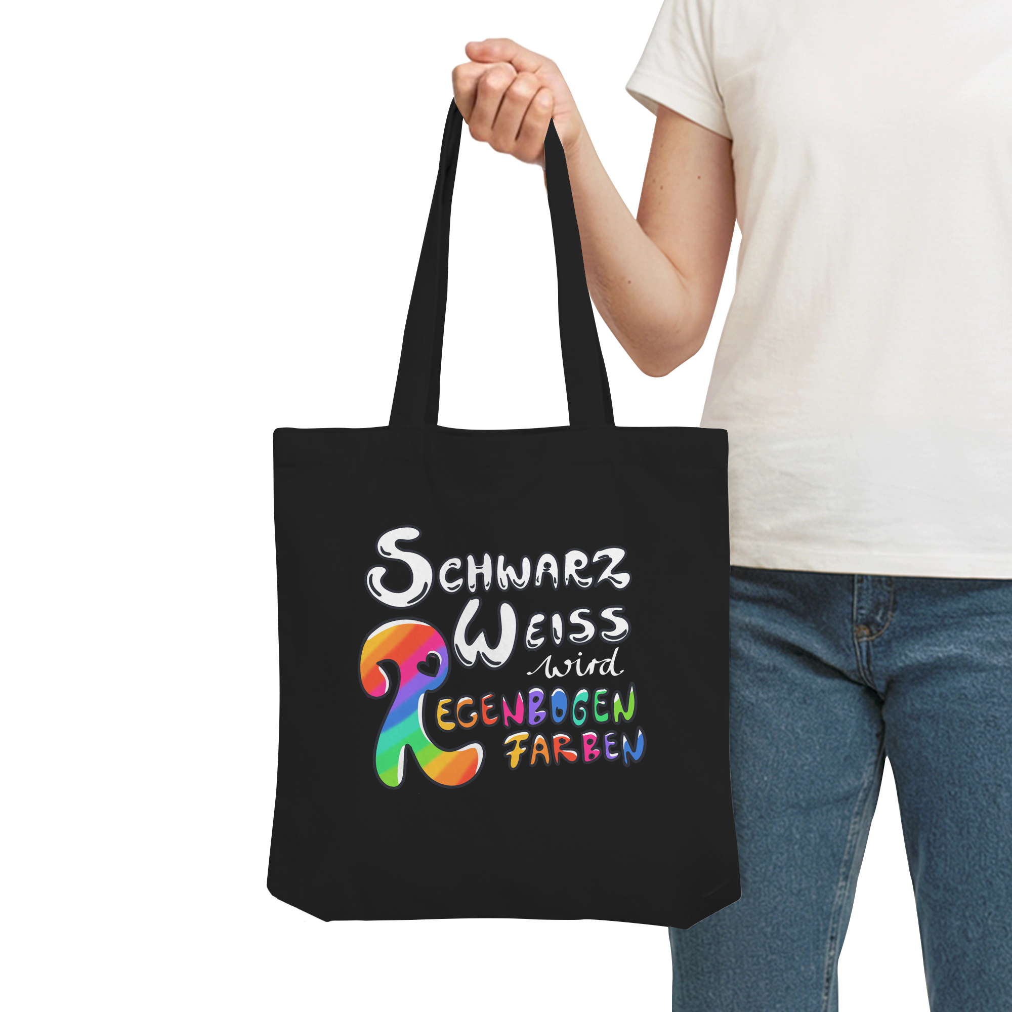Schwarz Weiß wird Regenbogen Farben Frontprint (dunkel) - Organic Tote-Bag