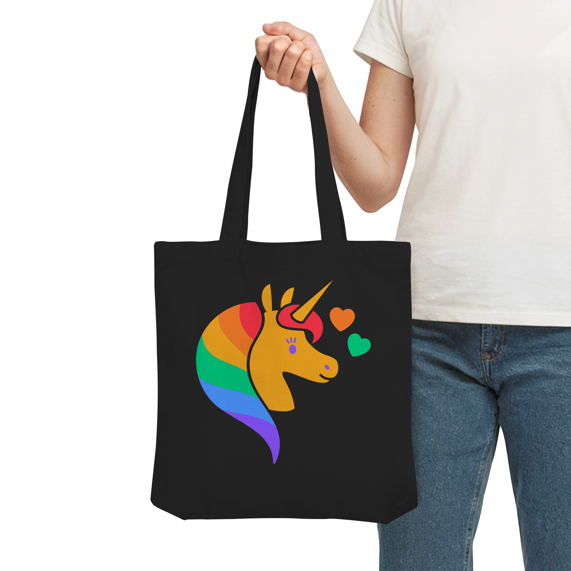 Regenbogen Einhorn mit Herzen - Organic Tote-Bag