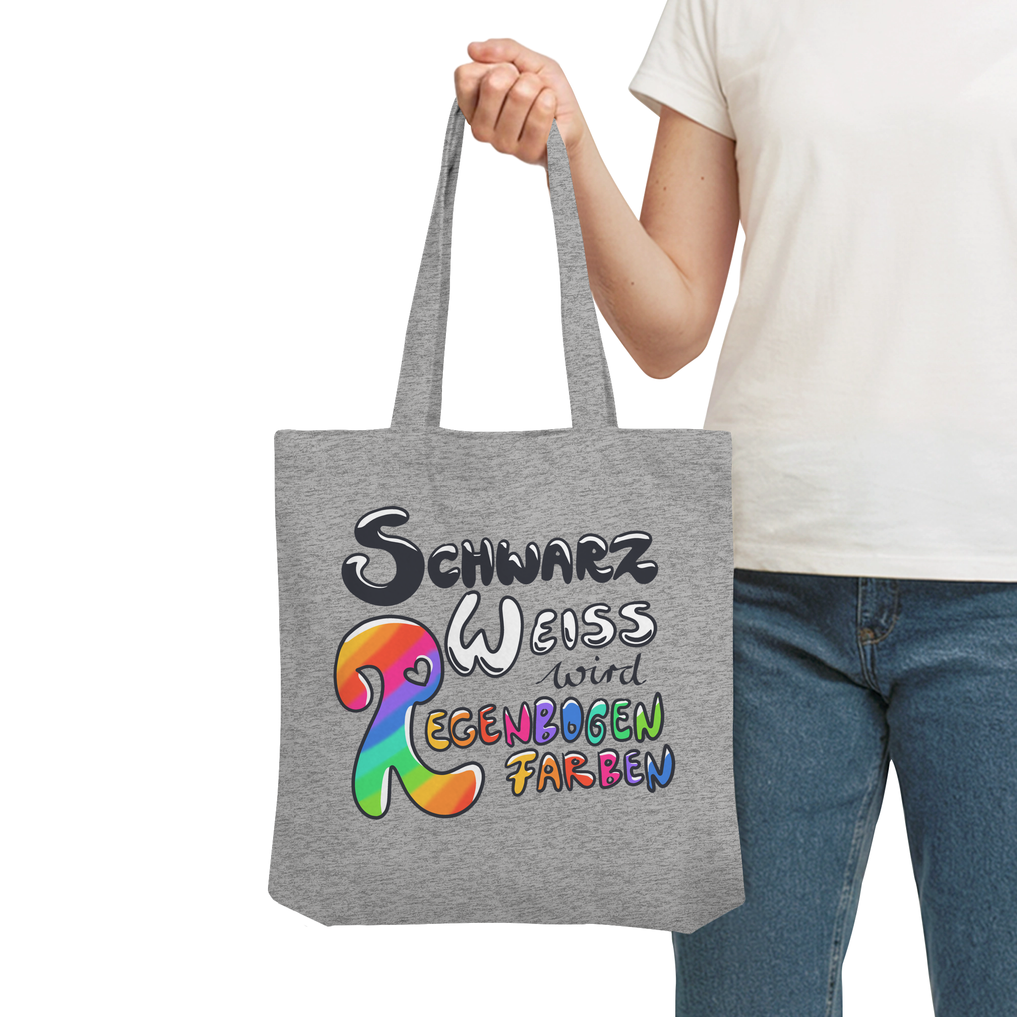 Schwarz Weiß wird Regenbogen Farben Backprint (hell) - Organic Tote-Bag