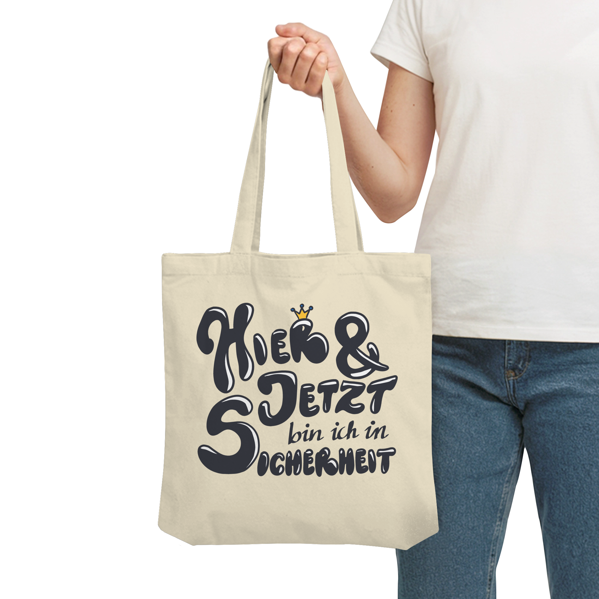 Hier und jetzt bin ich in Sicherheit "Schwarze Edition" Backprint - Organic Tote-Bag