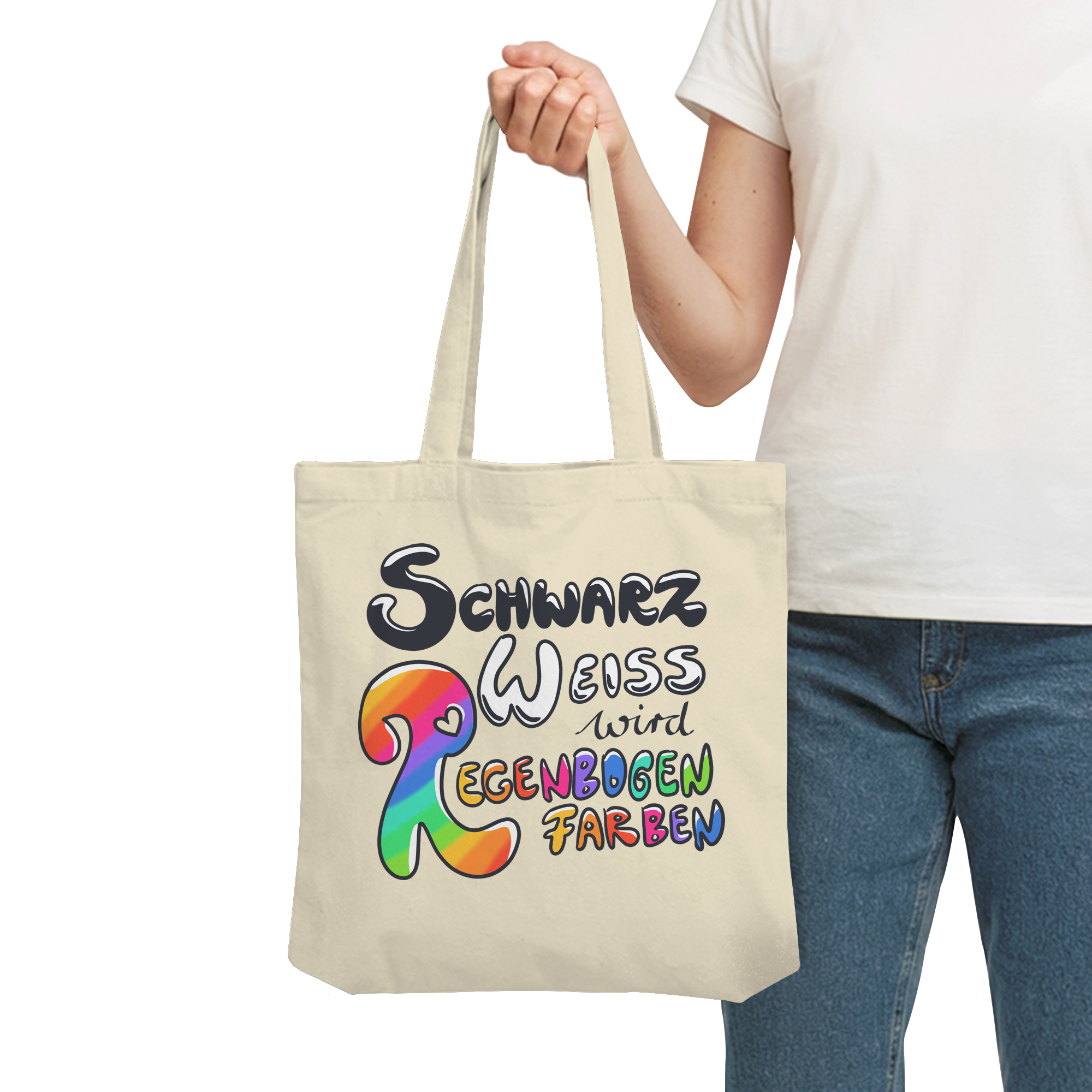 Schwarz Weiß wird Regenbogen Farben Backprint (hell) - Organic Tote-Bag