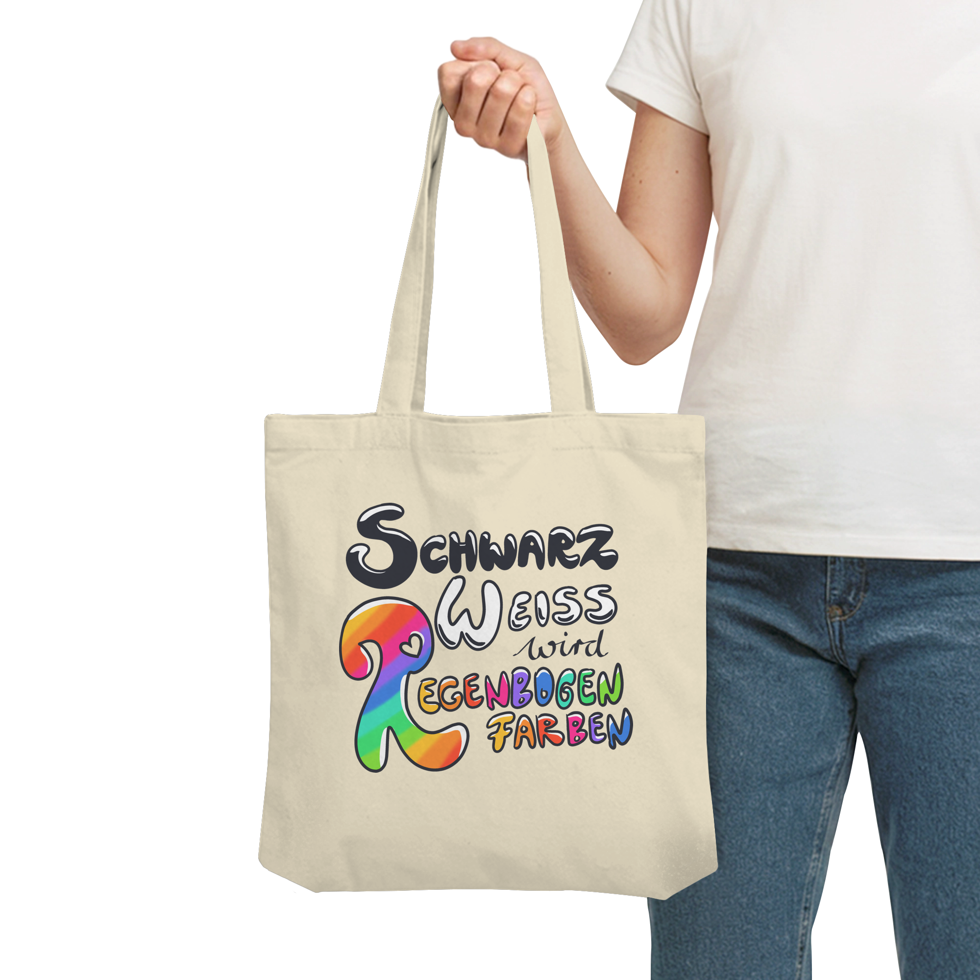 Schwarz Weiß wird Regenbogen Farben Frontprint (hell) - Organic Tote-Bag