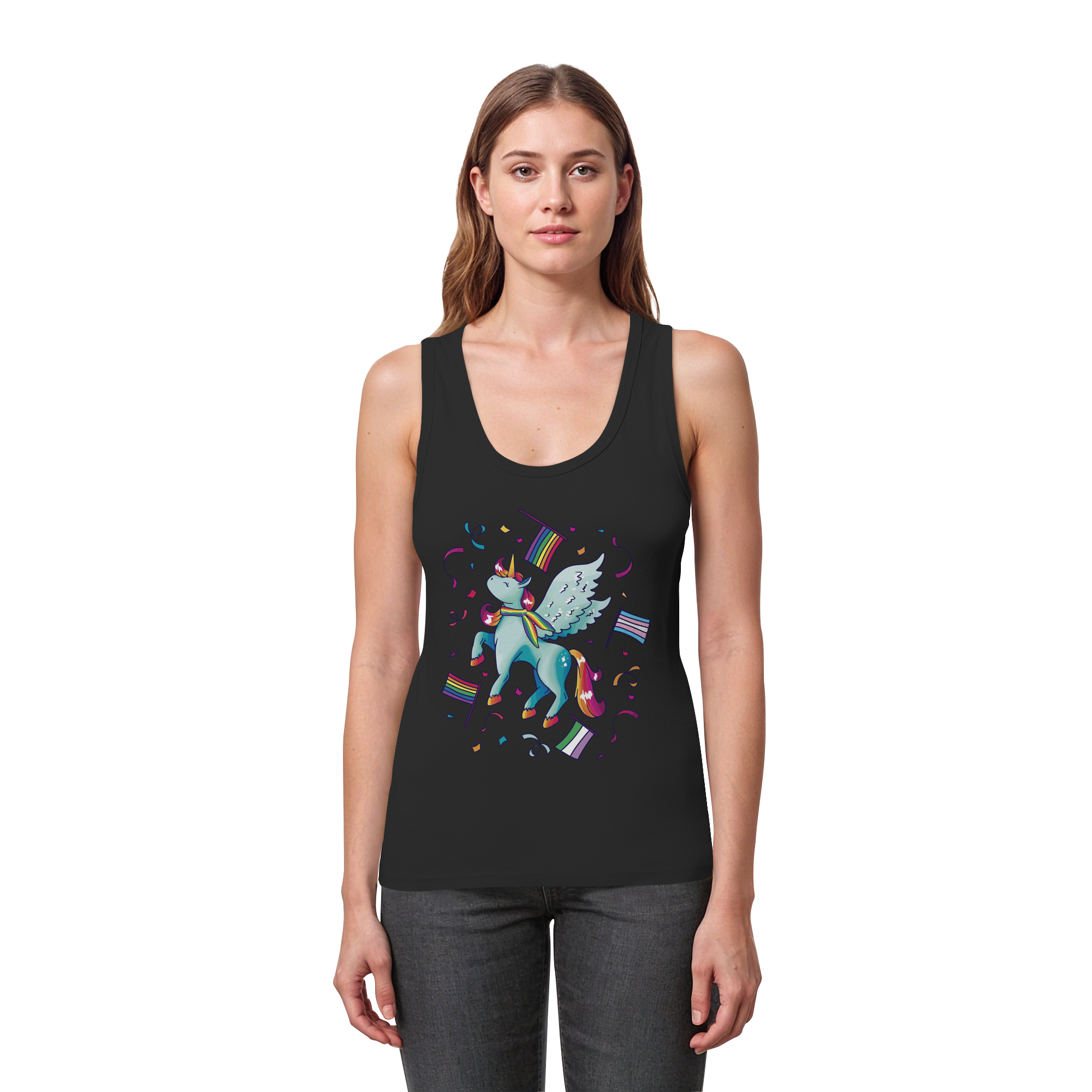 Regenbogen Einhorn mit Flaggen - Womens Organic Fitted Tank Top