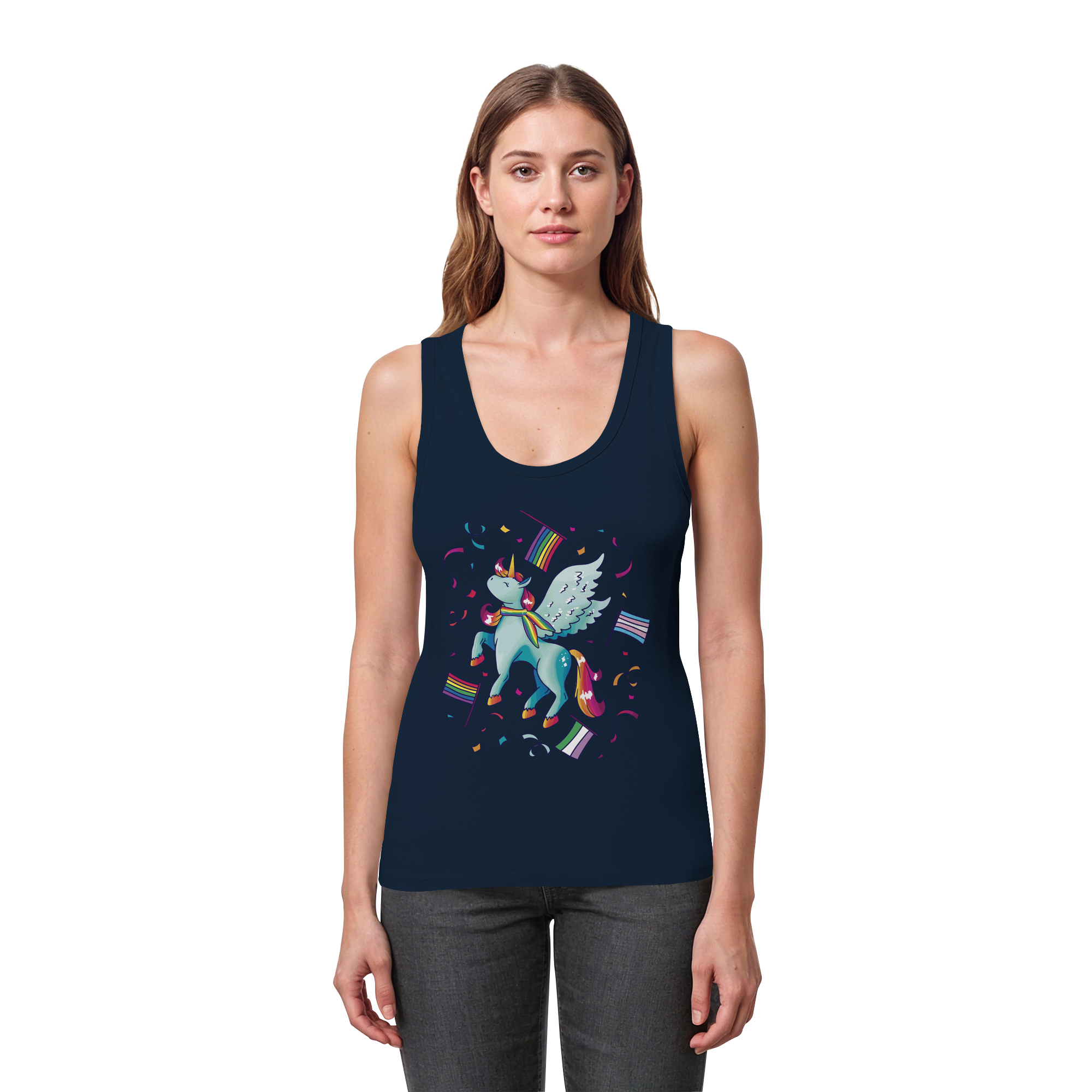 Regenbogen Einhorn mit Flaggen - Womens Organic Fitted Tank Top
