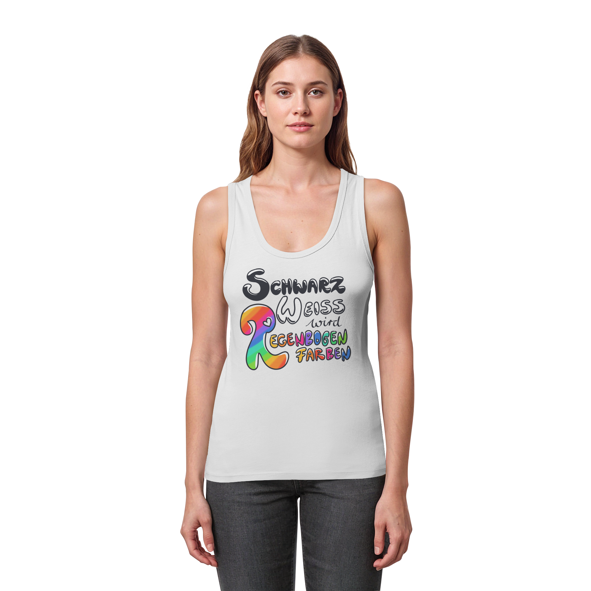 Schwarz Weiß wird Regenbogen Farben Frontprint (hell) - Womens Organic Fitted Tank Top