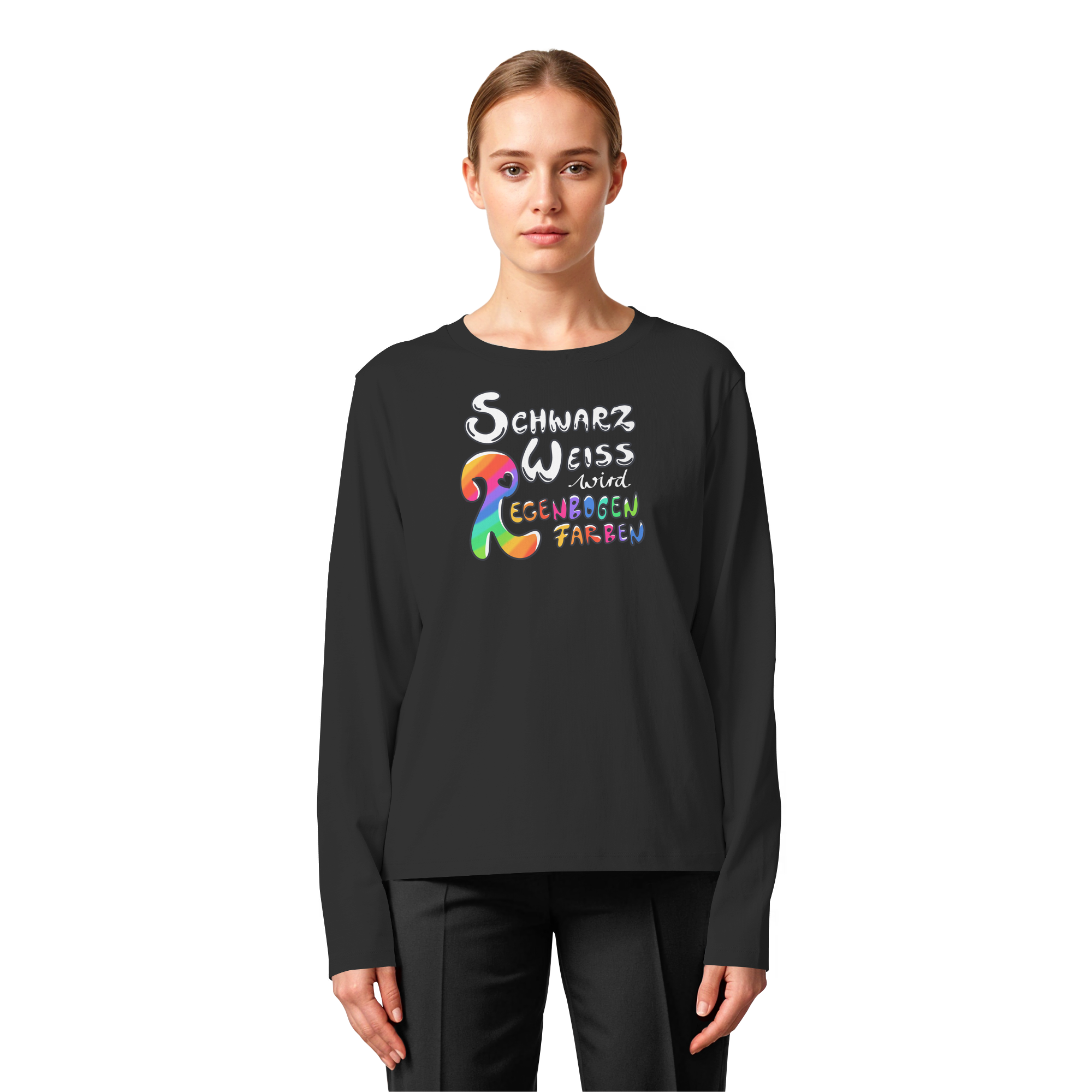 Schwarz Weiß wird Regenbogen Farben Frontprint (dunkel) - Womens Organic Longsleeve T-Shirt
