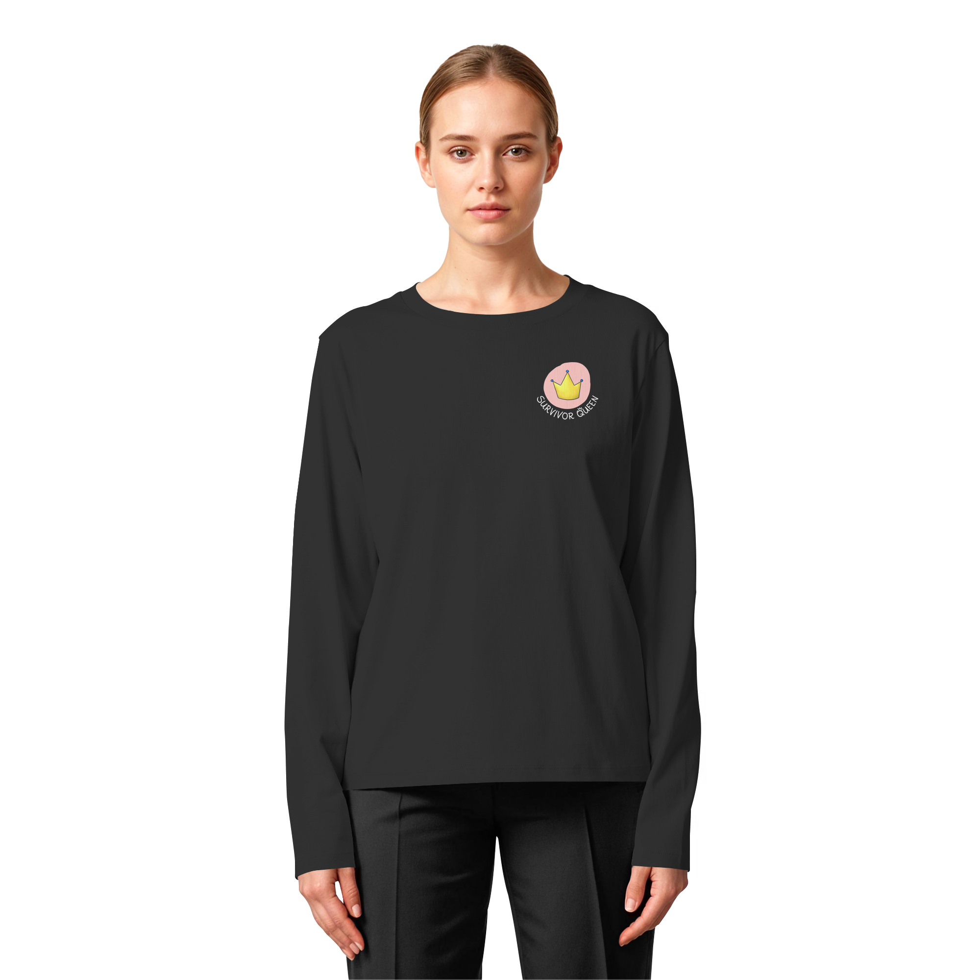 Survivor Queens Logo "Schriftzug Edition" mit Seelenmännchen "Selbstverteidigung Edition" Backprint (dunkel) - Womens Organic Longsleeve T-Shirt