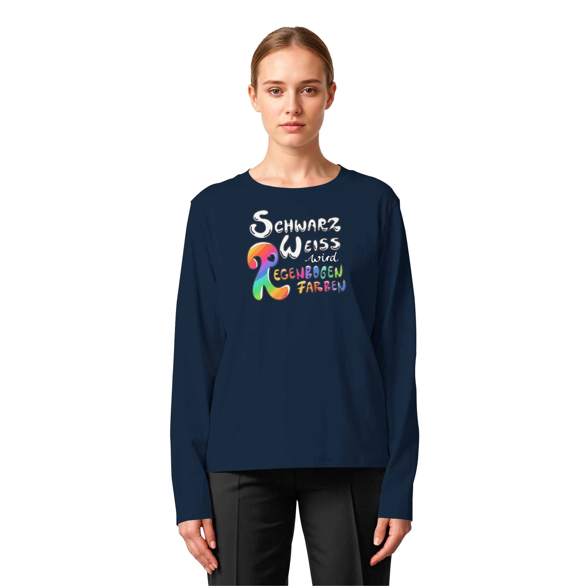 Schwarz Weiß wird Regenbogen Farben Frontprint (dunkel) - Womens Organic Longsleeve T-Shirt