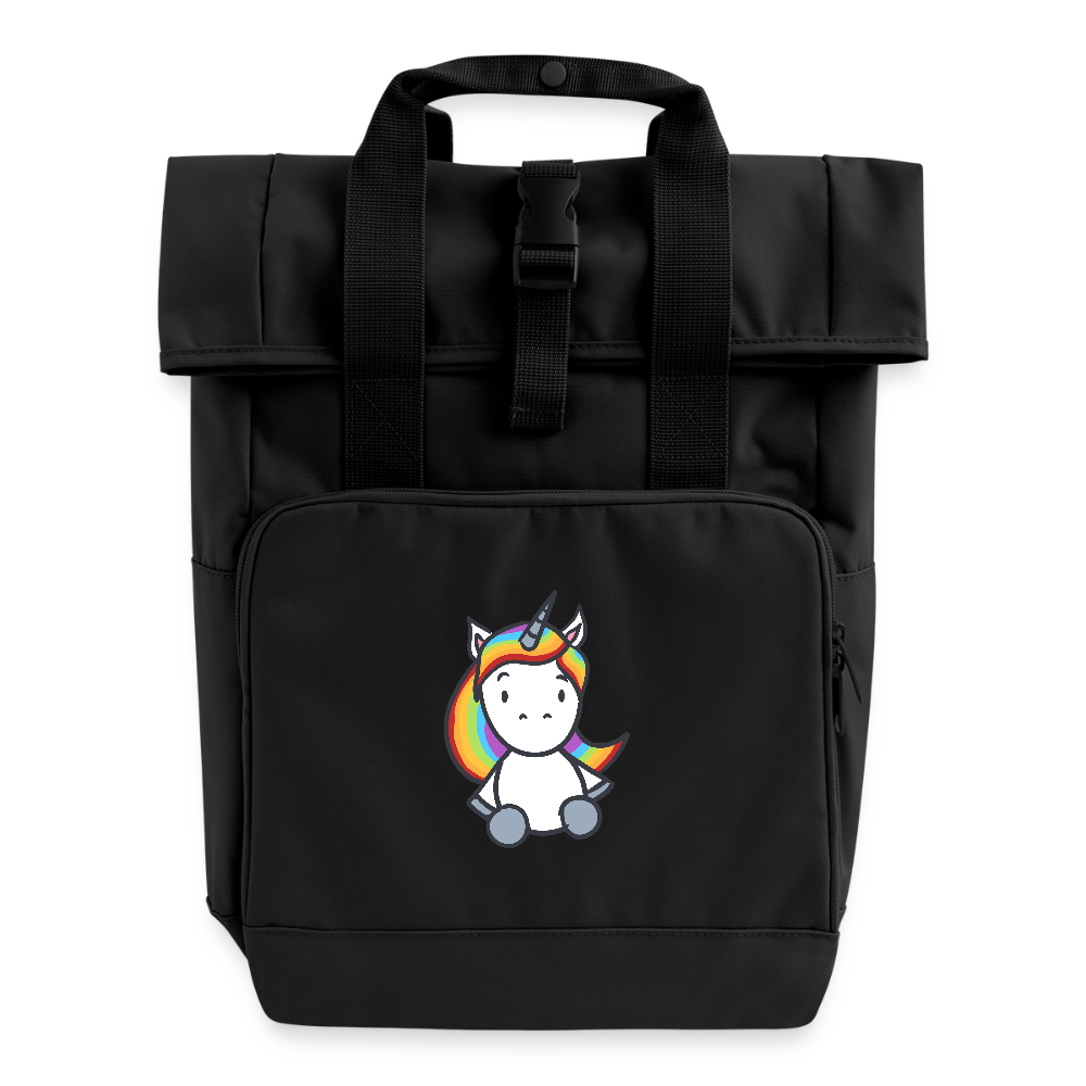 Einhorn mit Regenbogen Haaren - Rolltop Rucksack mit zwei Griffen - Schwarz