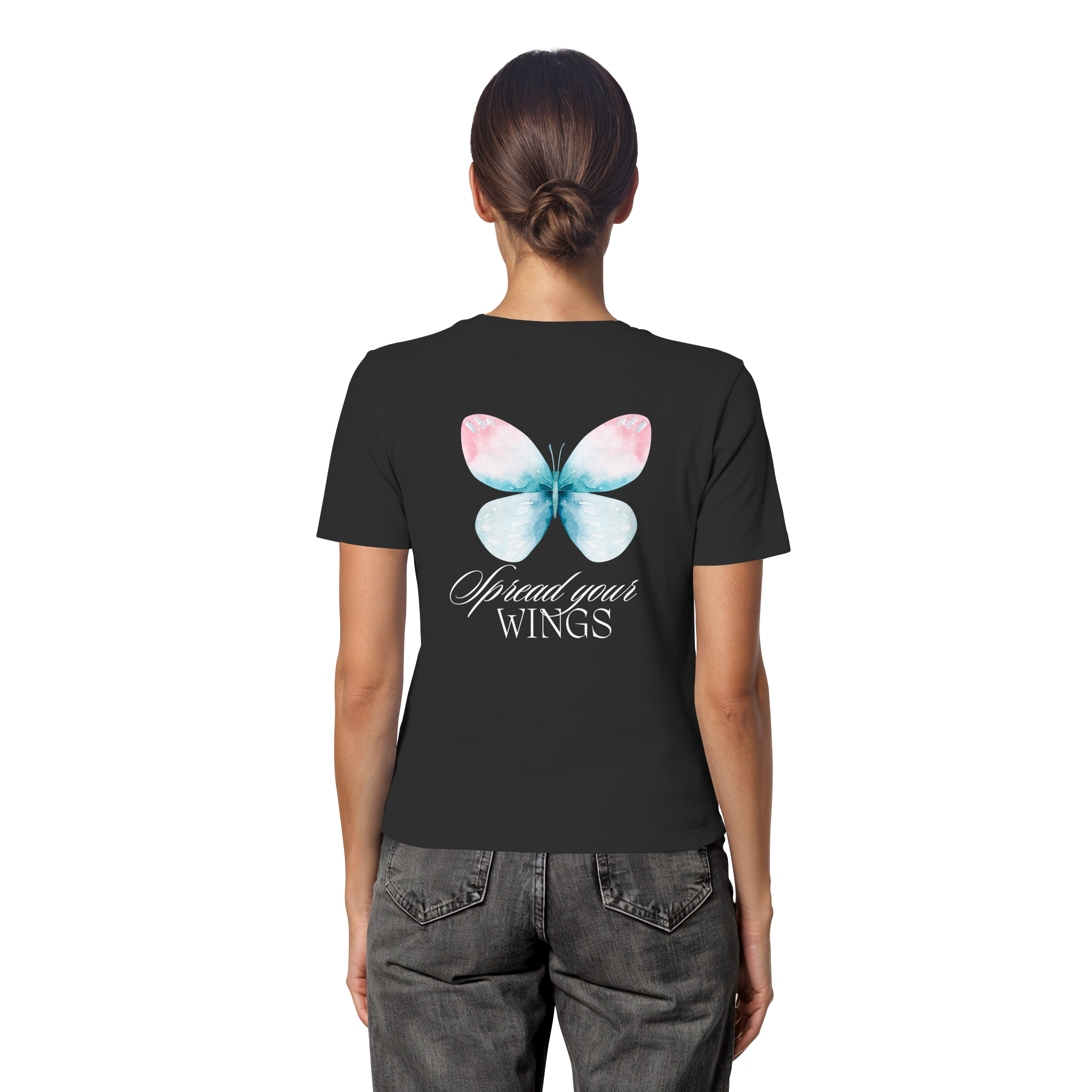 Spread your Wings (weiße Schrift) Backprint - Fitted Ladies Organic Shirt
