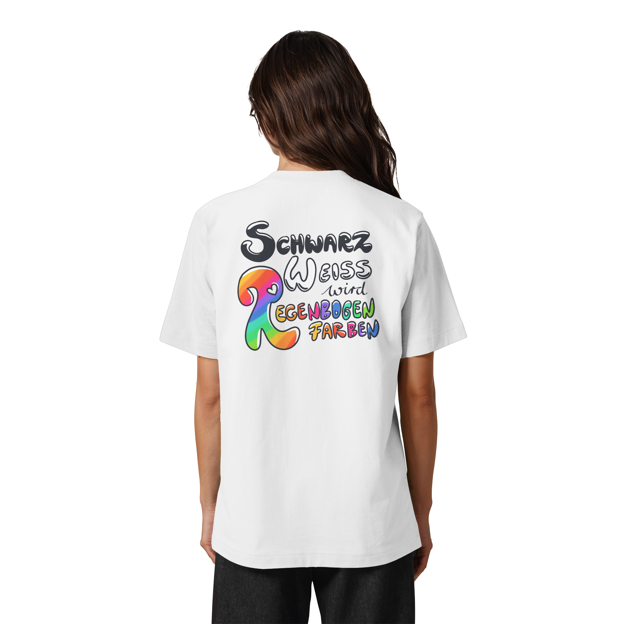 Schwarz Weiß wird Regenbogen Farben Backprint (hell) - Heavy Oversized Organic Shirt