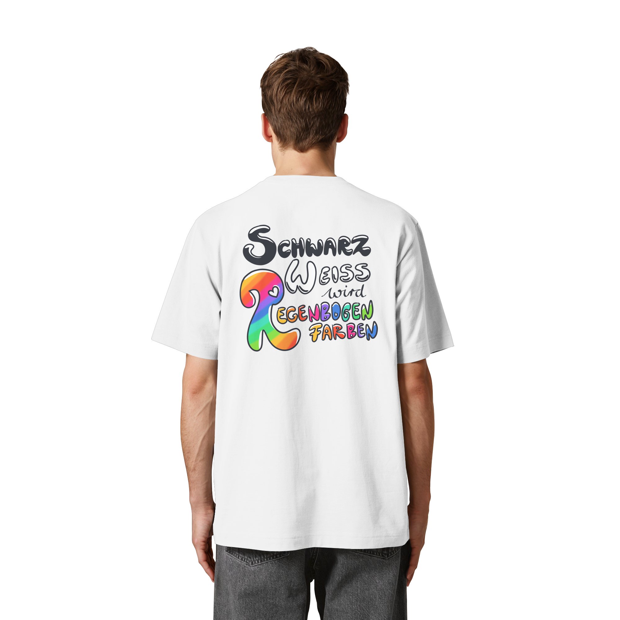 Schwarz Weiß wird Regenbogen Farben Backprint (hell) - Heavy Oversized Organic Shirt